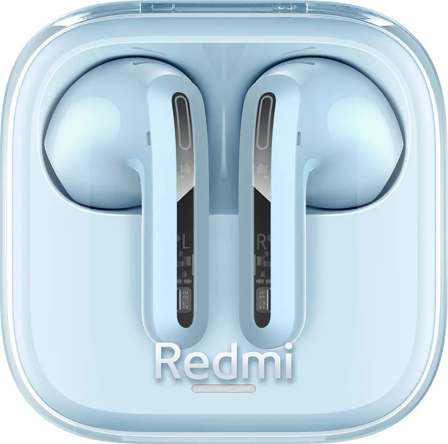 Écouteurs sans fil bleu clair dans un étui avec le logo Redmi.