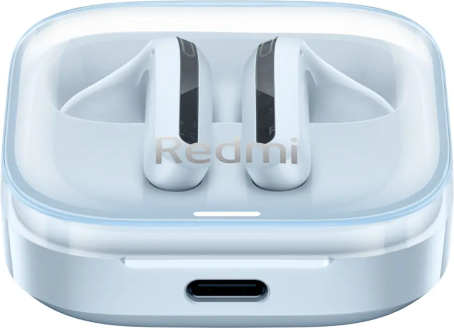 Gros plan d'écouteurs blancs dans un étui bleu, avec le logo Redmi.