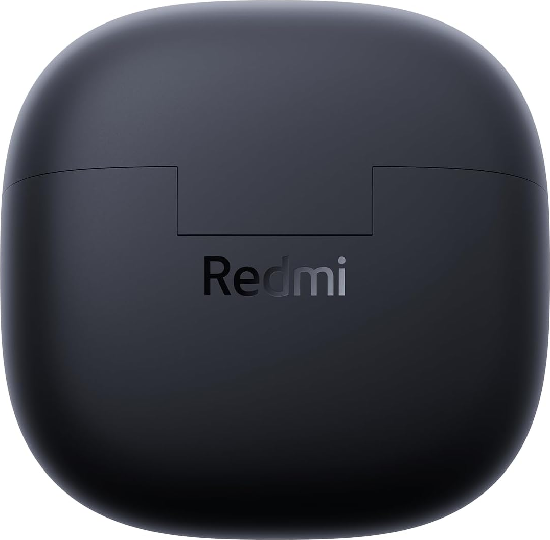 Étui de chargement noir pour écouteurs Redmi, vue de dessus.