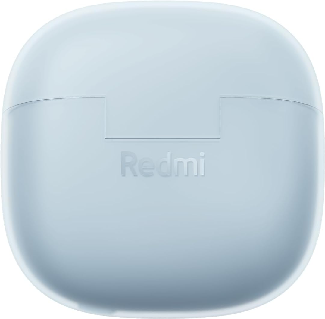 Étui de chargement pour écouteurs Redmi bleu clair, vue de dessus. Le nom de la marque est visible.
