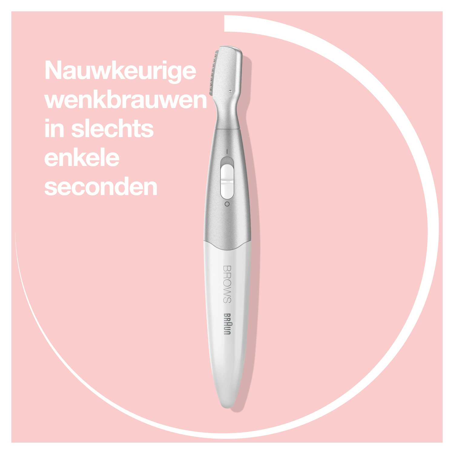 Braun eyebrow trimmer, silver and white, with text in Dutch: 'Precise eyebrows in seconds'.