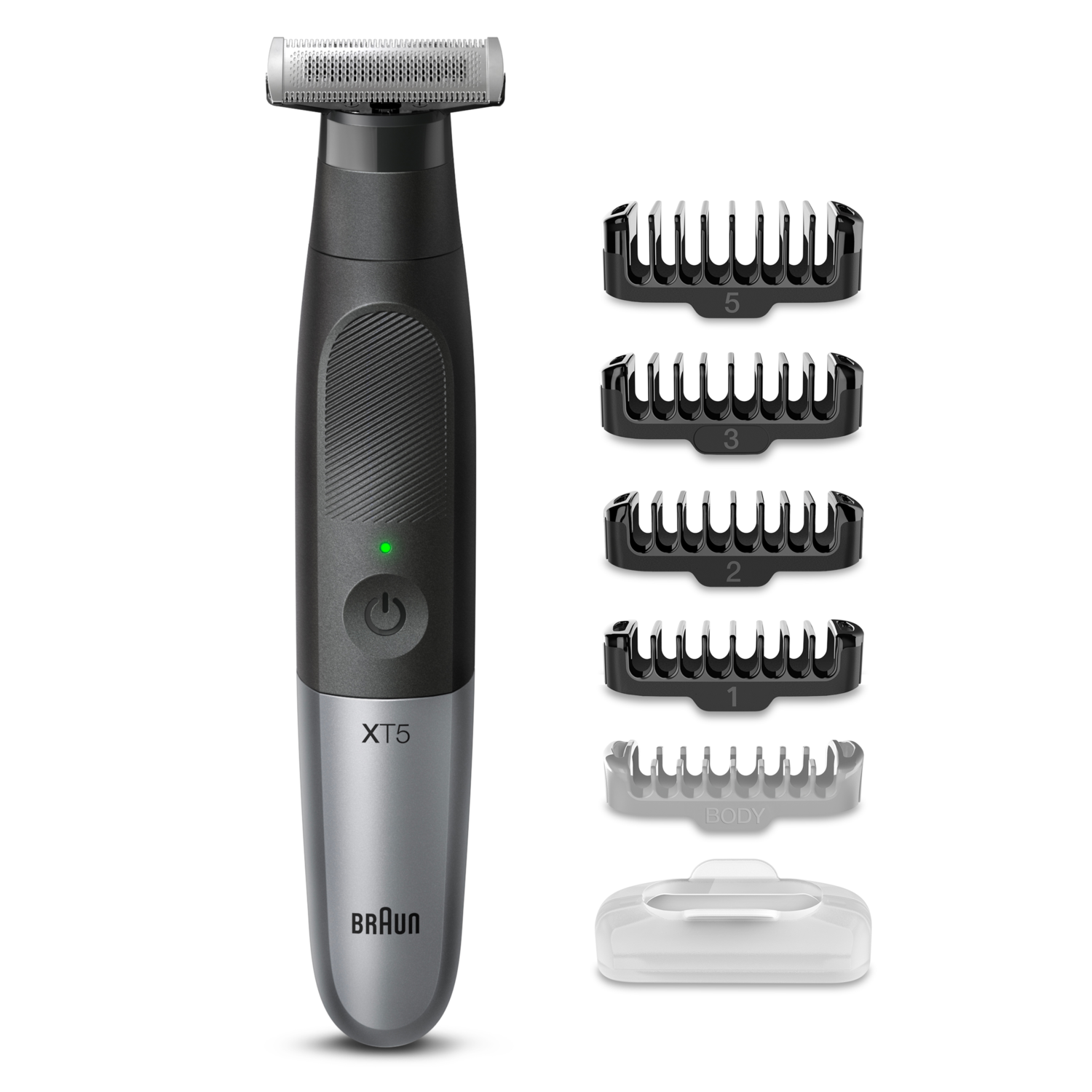 A black and gray electric body groomer with several trimming attachments.