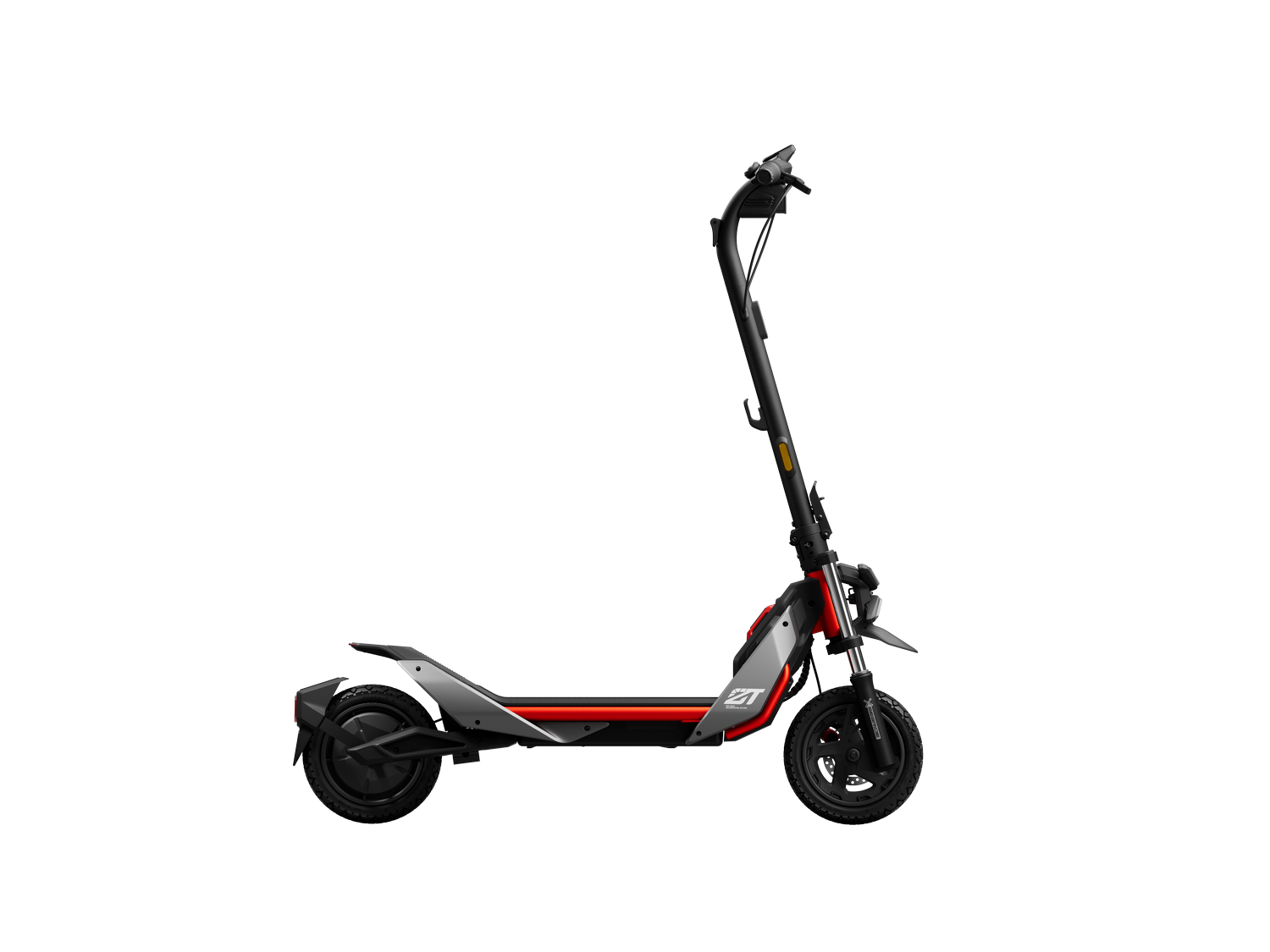 Scooter eléctrico negro y rojo sobre fondo negro. El scooter tiene una línea roja.