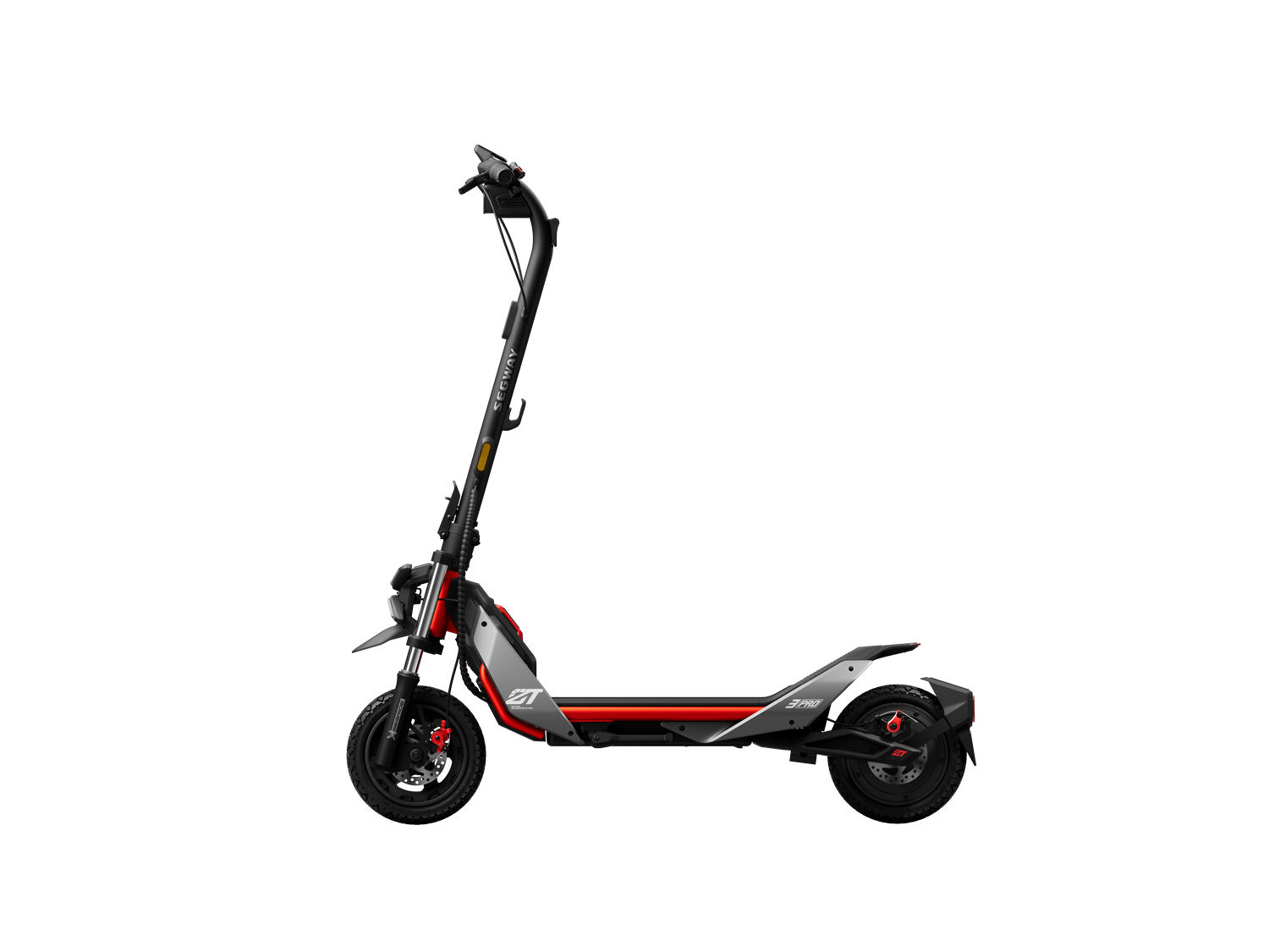 Scooter eléctrico negro y rojo sobre fondo negro.