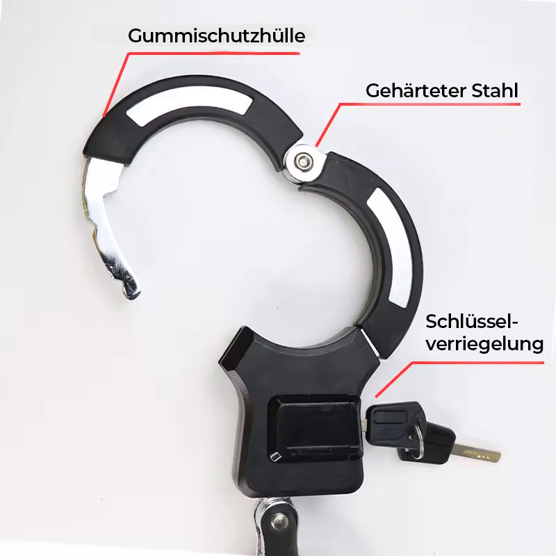 Schwarze Handschellen mit Schlüssel. Text auf Deutsch.