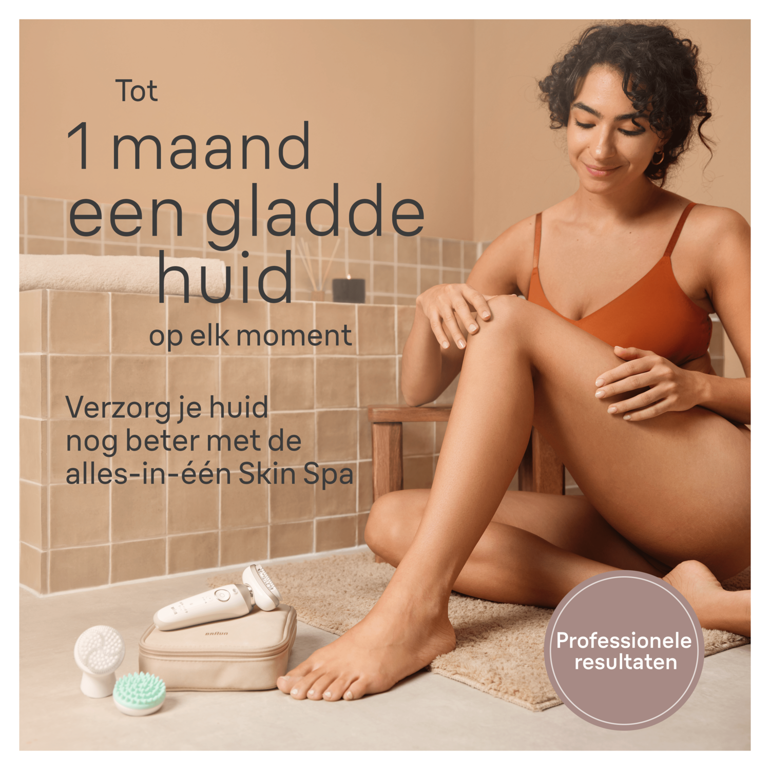 A woman sits in a bathroom, using a skin spa device. Text advertises a smooth skin for a month.