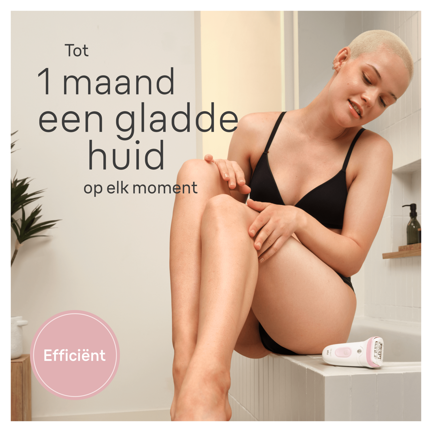 Woman in bathroom shaving her legs with a pink epilator. Text says '1 month smooth skin'.
