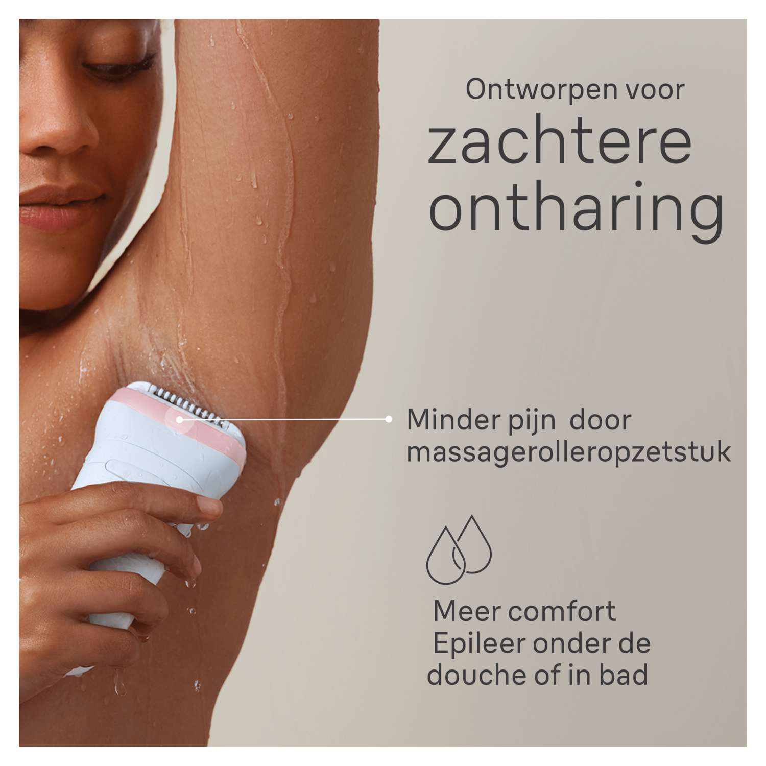 A person using an epilator on their underarm, with text about gentle hair removal and comfort.