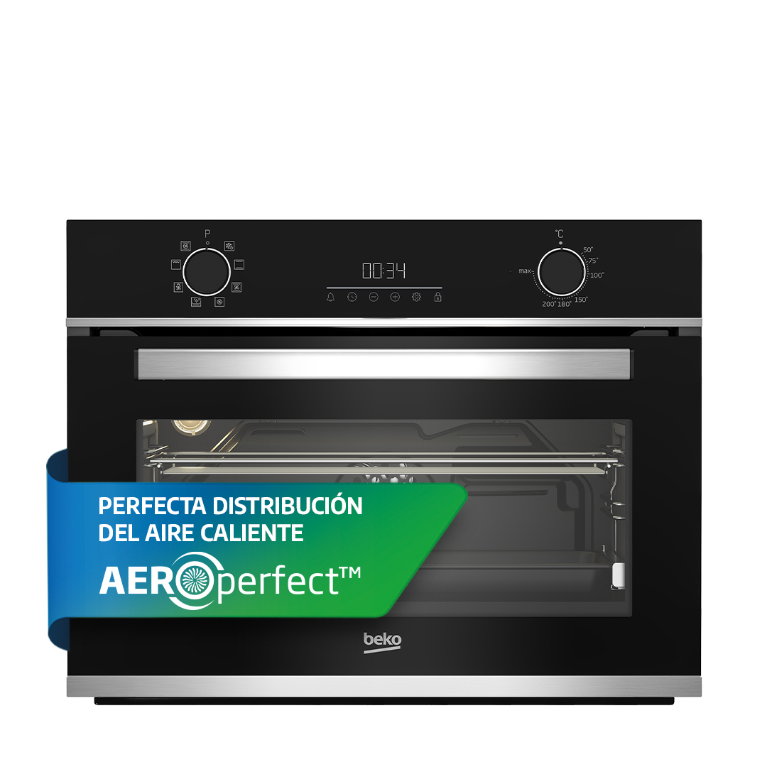 Un horno Beko negro con panel de control y el texto 'AERoperfect' y 'distribución perfecta'.
