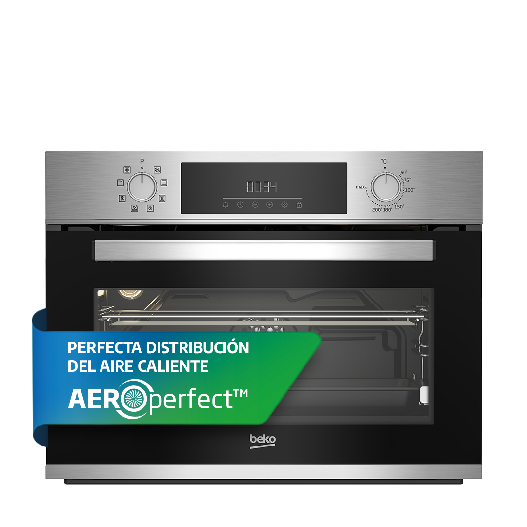 Un horno empotrado con puerta negra, marco plateado y una pantalla digital, con texto arriba.