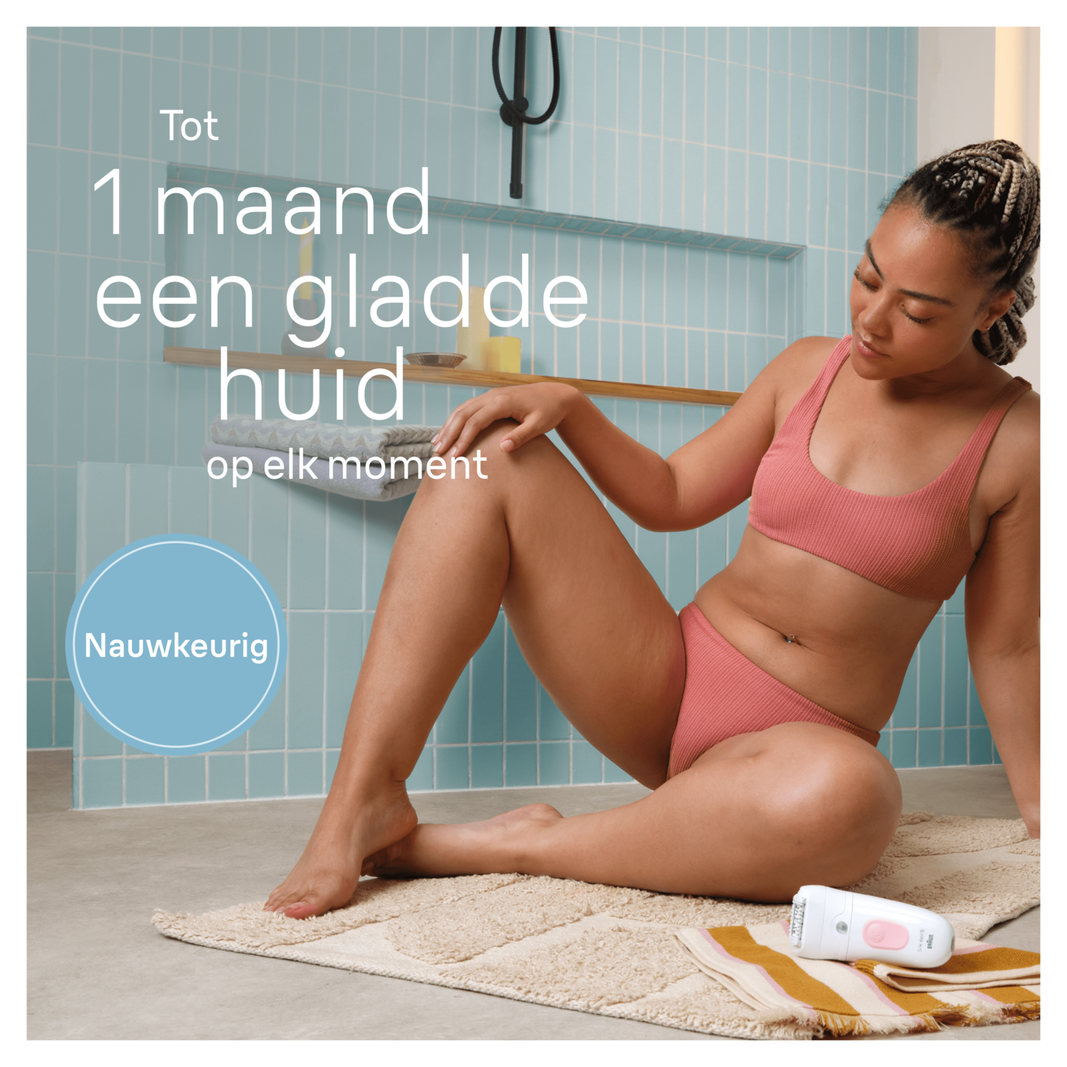Woman in a bathroom using a depilator. The text says '1 month smooth skin'.