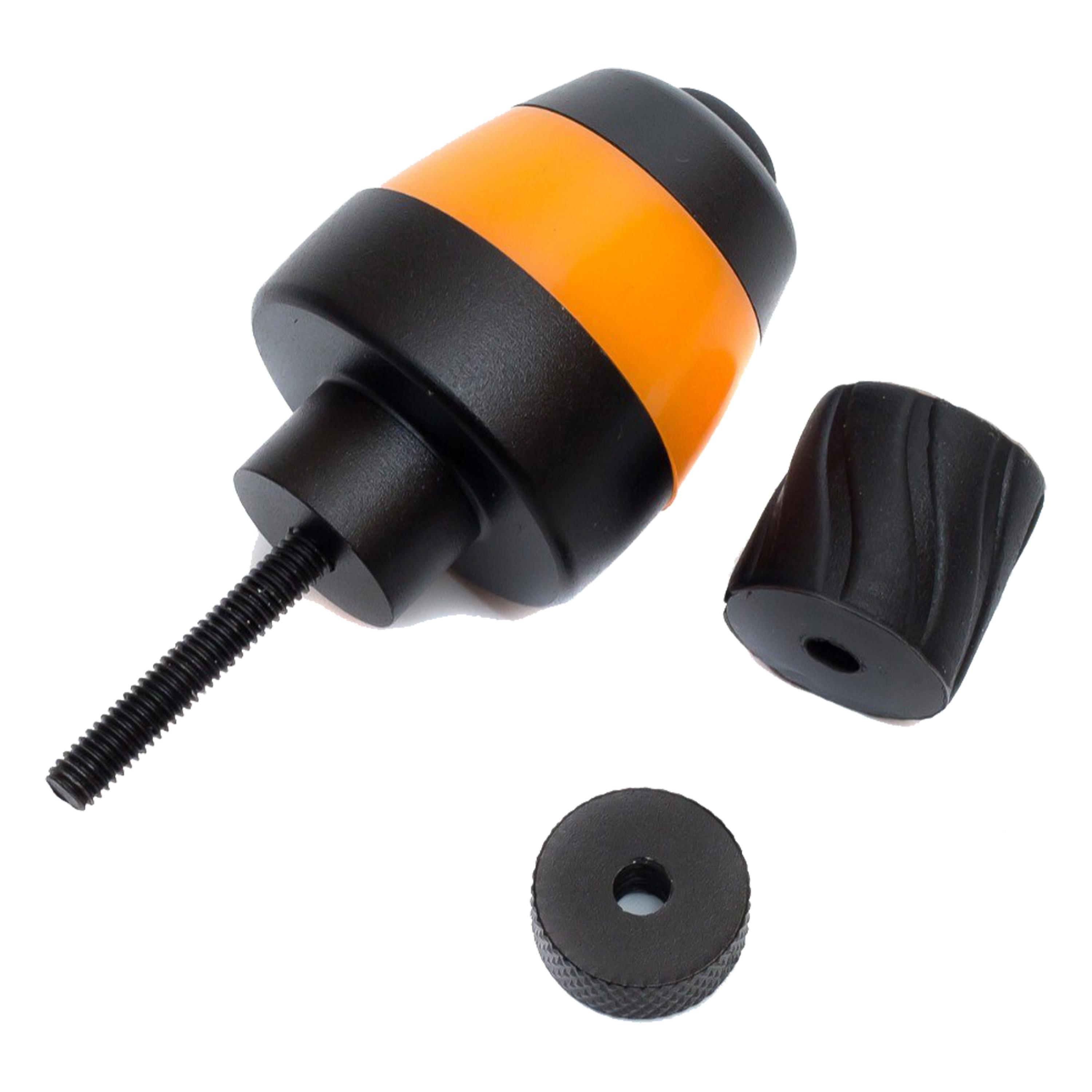 Schwarze und orangefarbene Gerätekomponenten: eine Schraube, ein Gummihandgriff und eine kleine Scheibe.