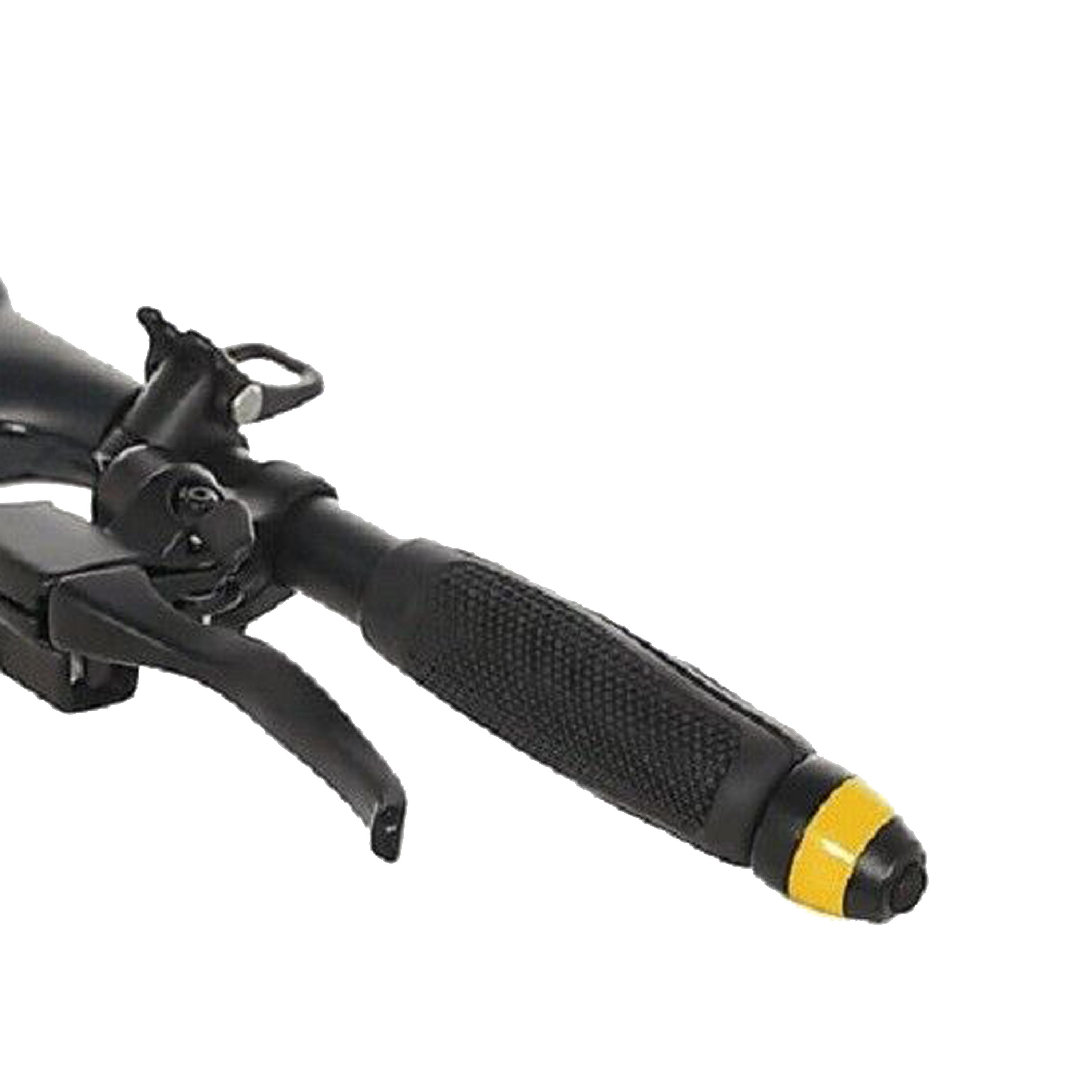 Schwarzer Fahrradlenker mit strukturierter Griff und gelber Endkappe.