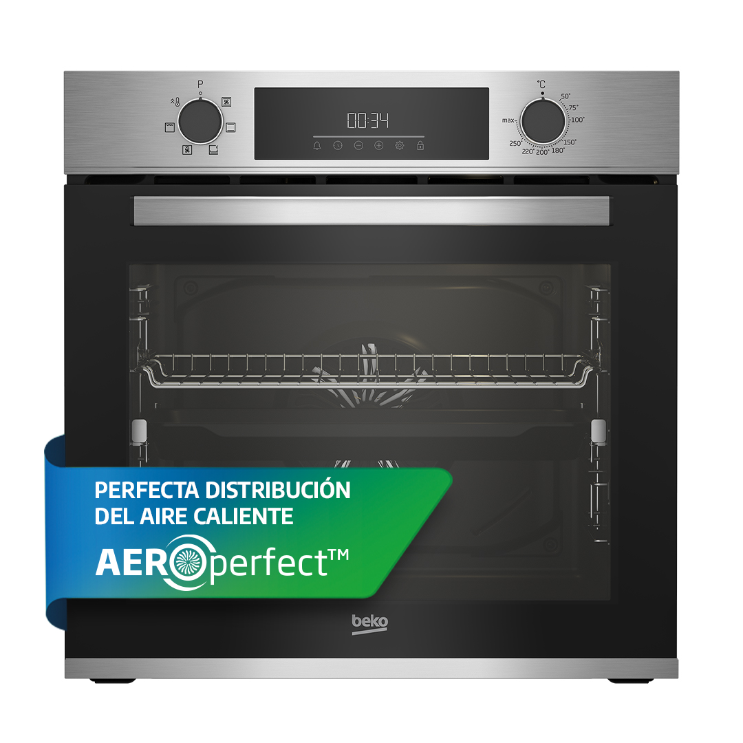 Un horno con pantalla digital y el texto 'PERFECTA DISTRIBUCIÓN DEL AIRE CALIENTE AEROperfect' delante.