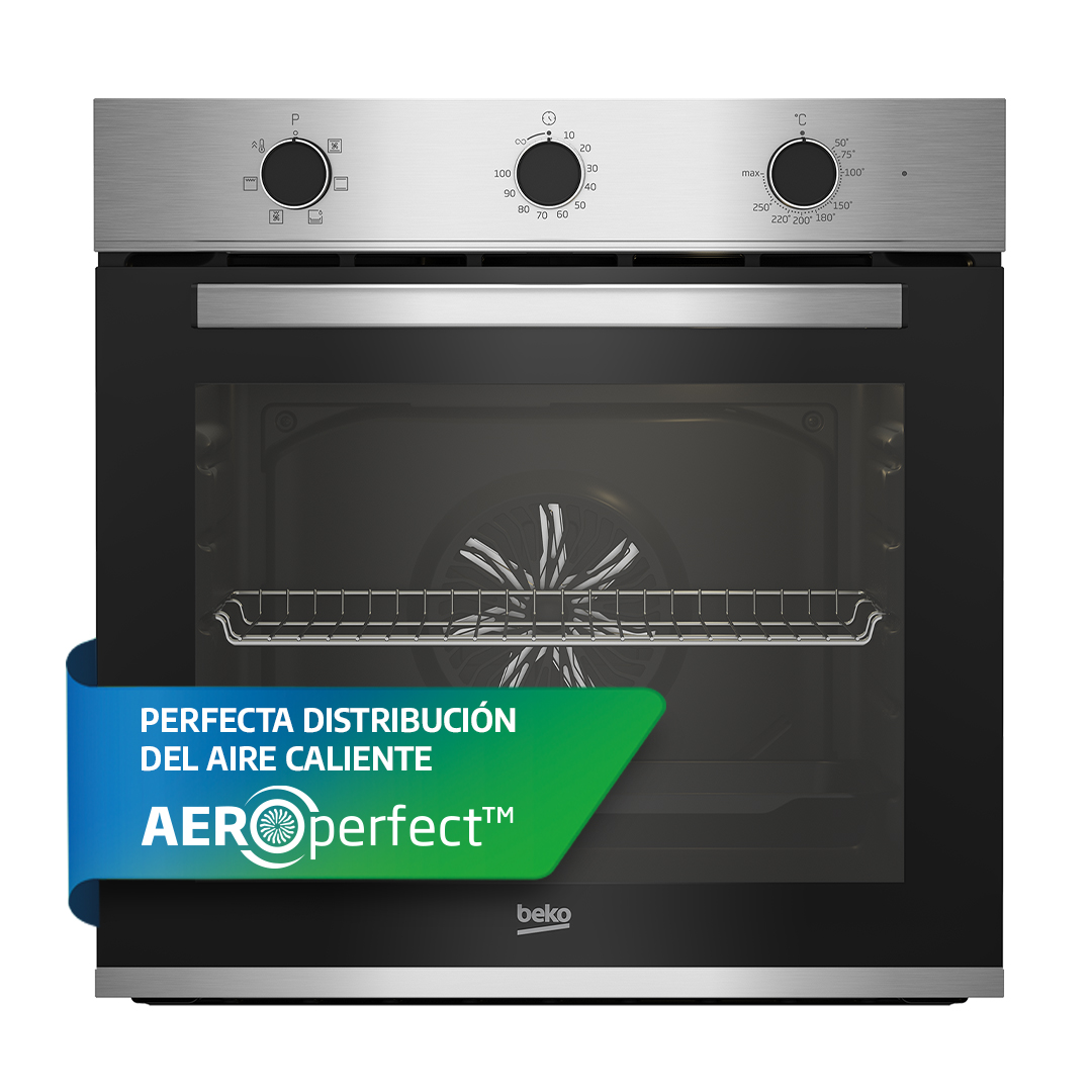 Horno negro empotrado con detalles de acero inoxidable y puerta de cristal, con etiqueta.