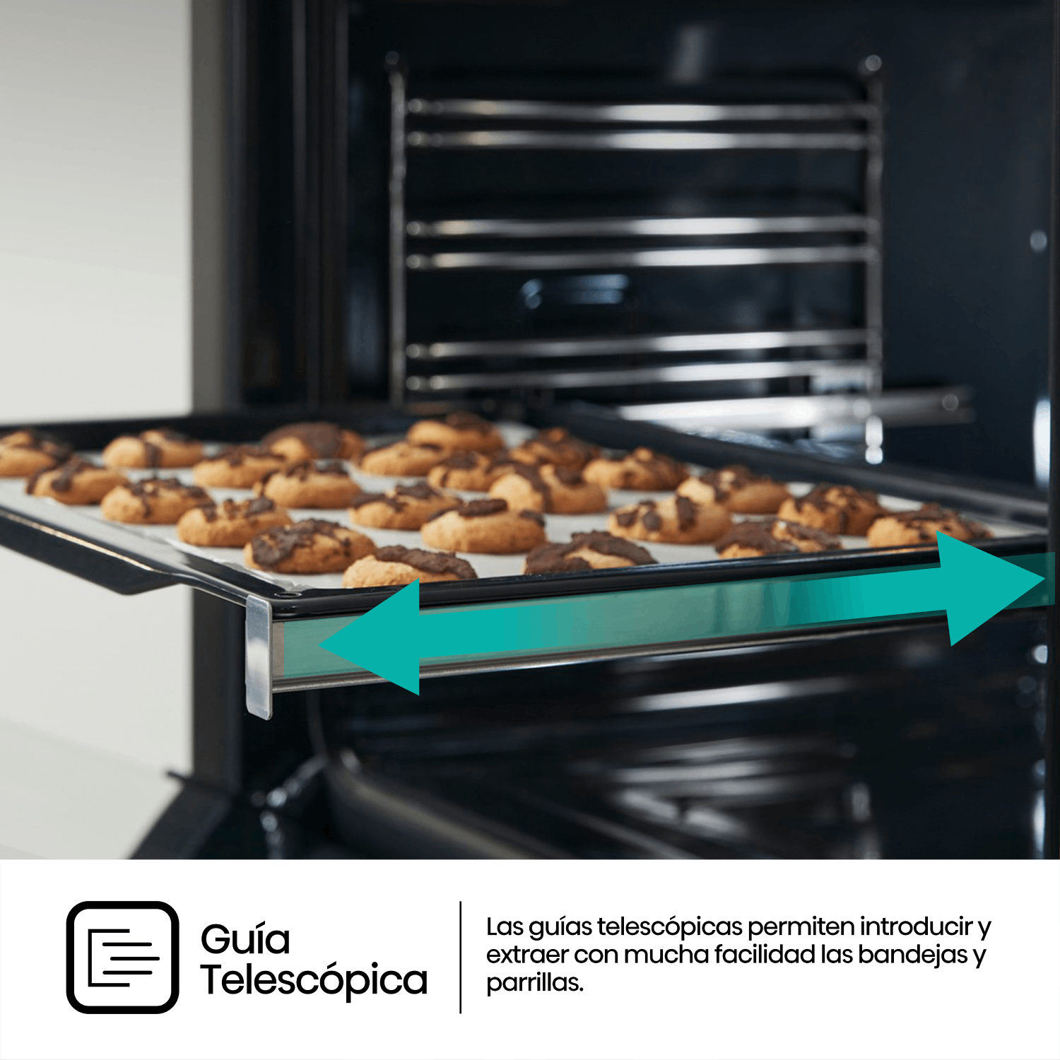 Interior del horno con bandeja de galletas. Flechas muestran guías telescópicas. Fondo blanco.