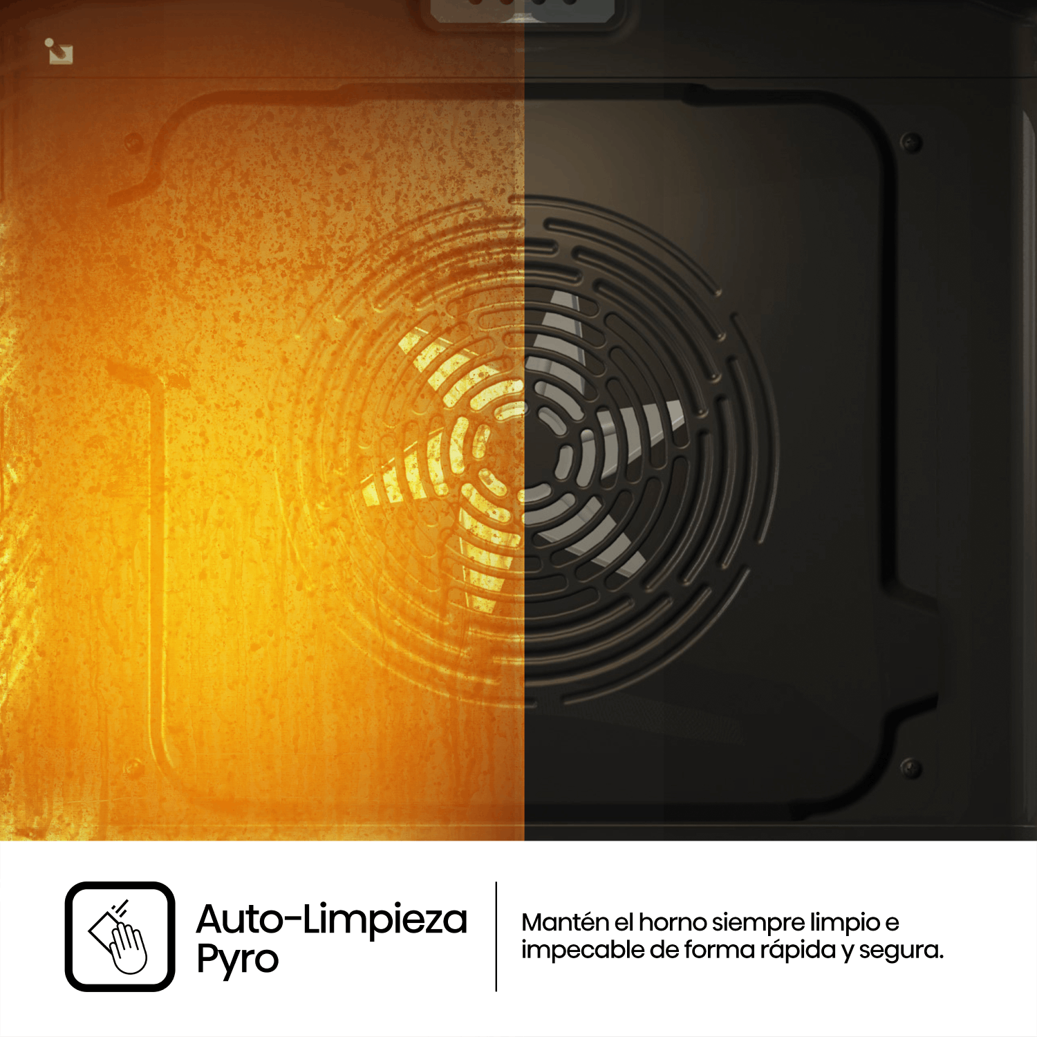Un interior de horno, con un lado limpio y el otro sucio, ilustrando la autolimpieza.