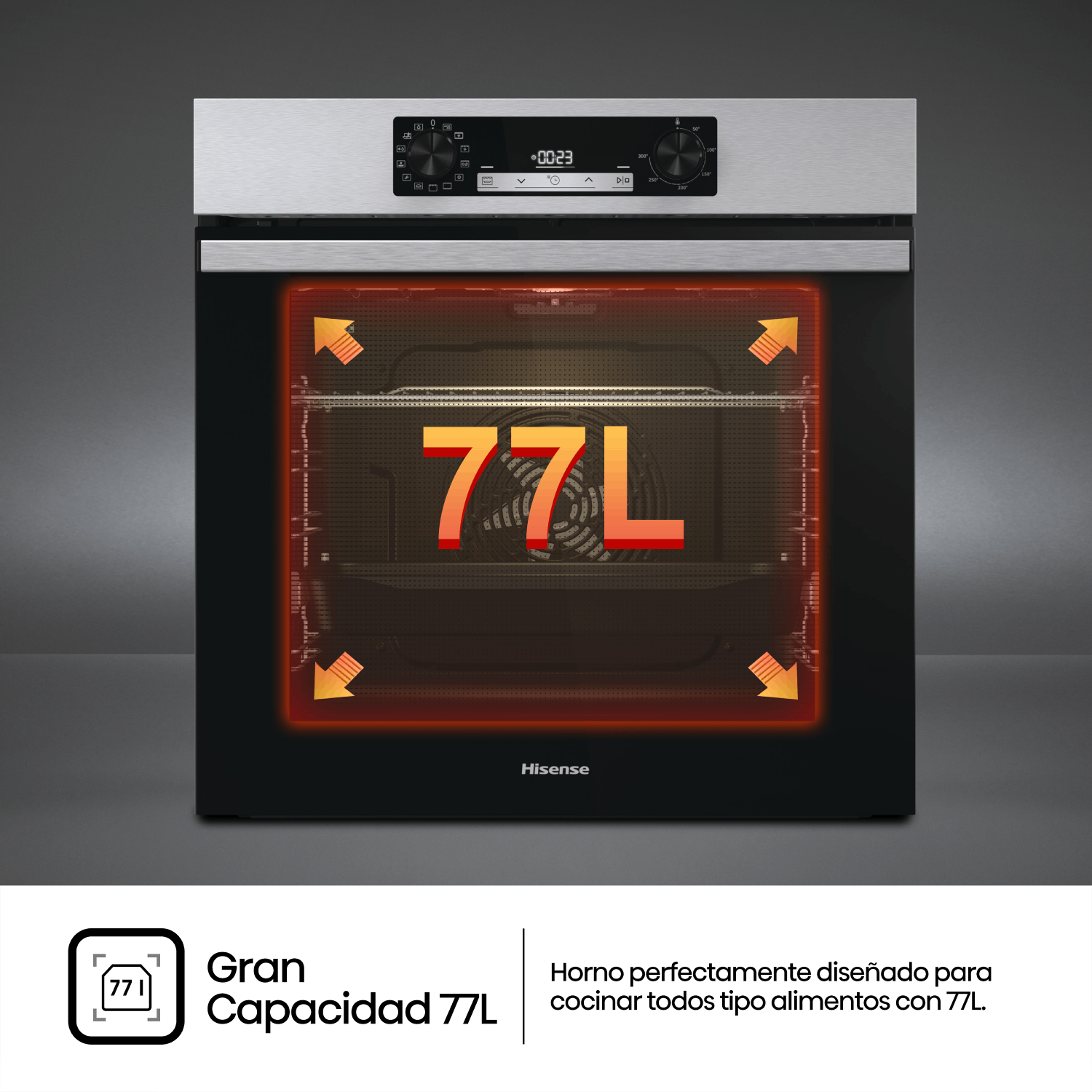 Un horno empotrado con una pantalla digital y la etiqueta de capacidad.