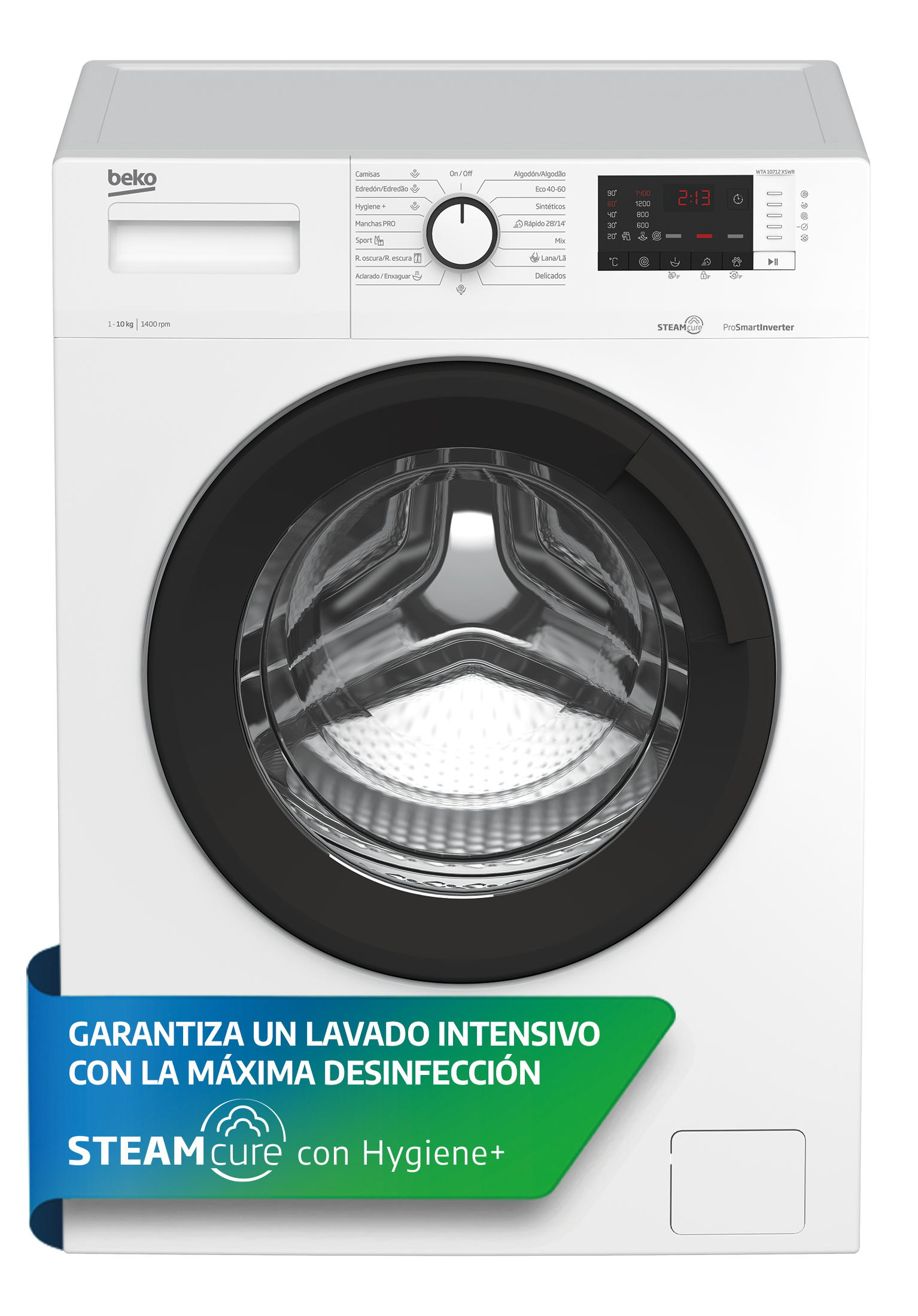 Vista frontal de lavadora blanca con puerta negra y etiqueta verde.