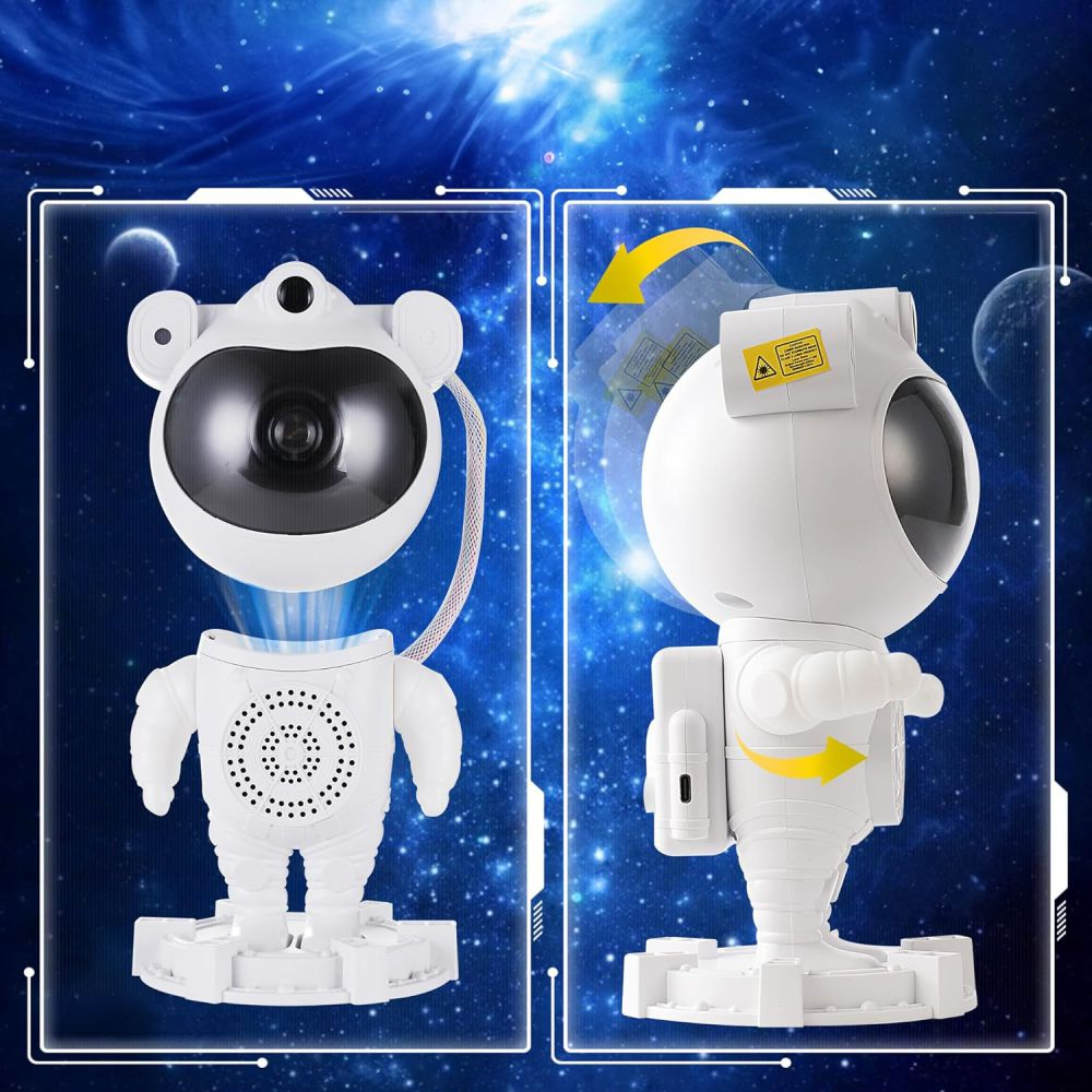 Dwa białe urządzenia przypominające roboty. Jeden ma twarz, drugi ma ramiona i się obraca. Rzuca światła.