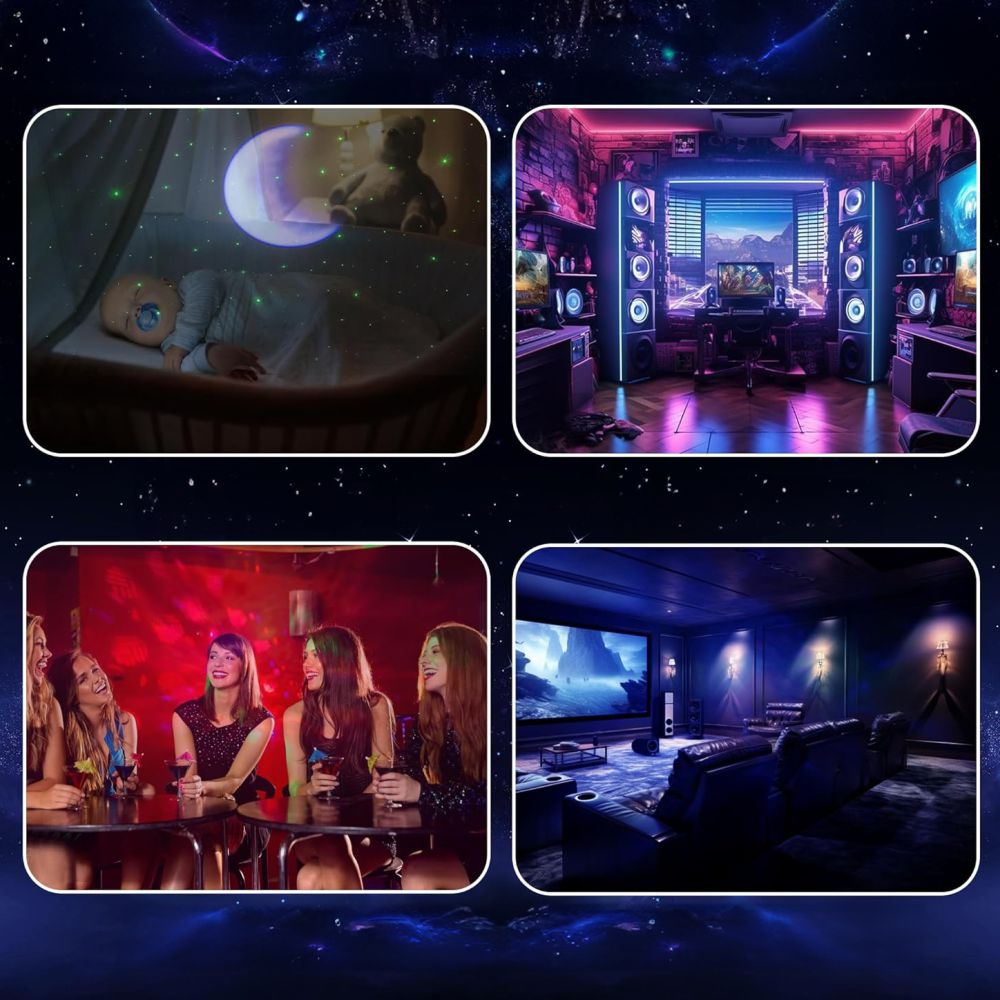 Cztery obrazy przedstawiające różne ustawienia: pokój dziecka, pokój do gier, impreza i kino domowe.