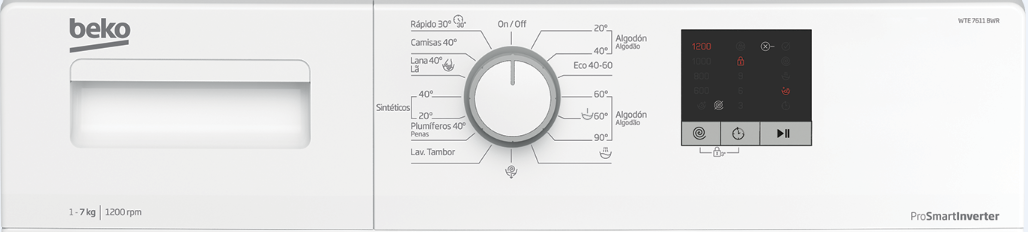 Un panel de control de lavadora, blanco con un dial y pantalla, mostrando configuraciones.