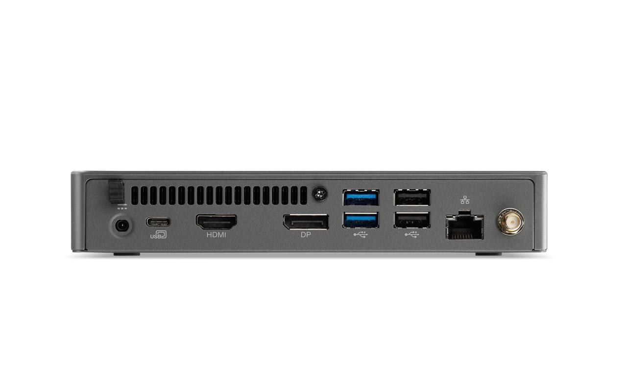 Rückseite eines dunkelgrauen Computers mit Anschlüssen. Weißer Hintergrund.