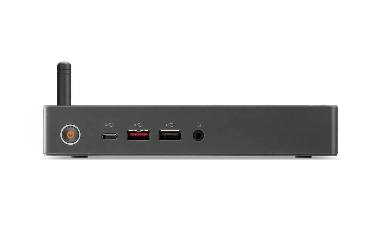 Ansicht eines Mini-PCs von vorne, mit Ein-/Aus-Taste und Anschlüssen.
