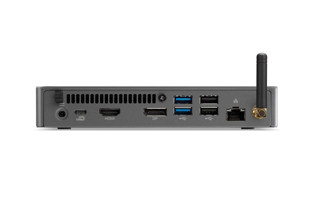Grauer Mini-PC mit Anschlüssen für USB, HDMI, DP und Ethernet, plus Antenne.