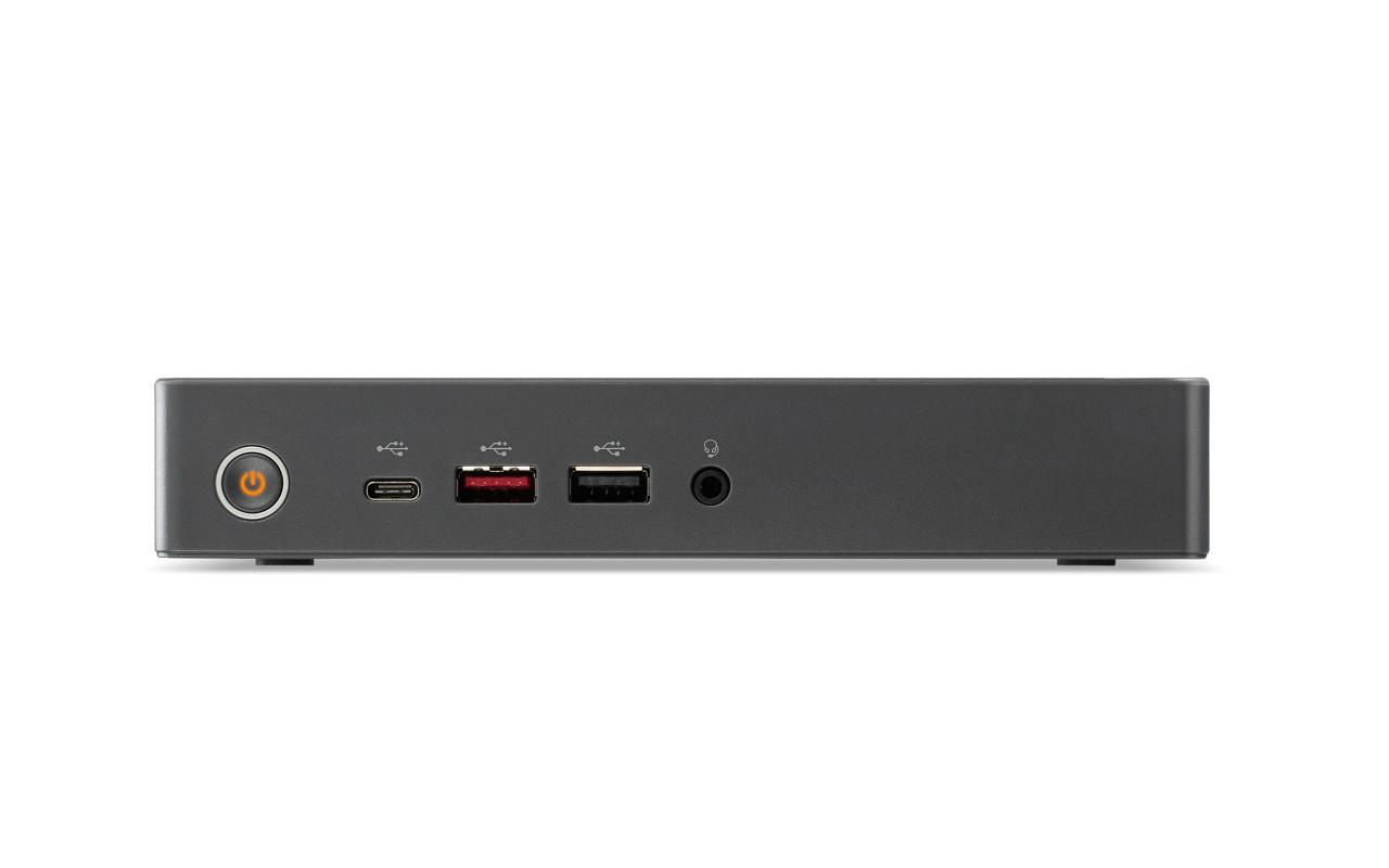 Ein kleiner, schwarzer Computer mit verschiedenen Anschlüssen und einem Ein-/Ausschalter auf weißem Hintergrund.