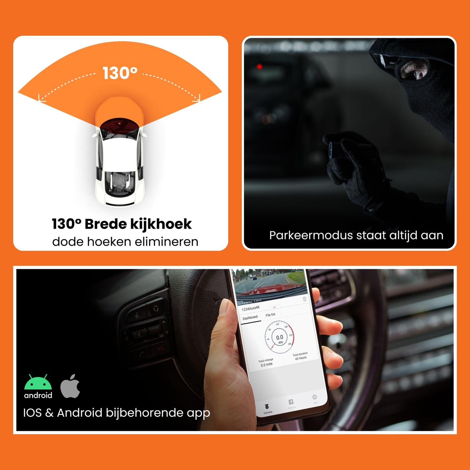 Diagram met auto-aanzicht, parkeermodus en app-interface met oranje accenten.