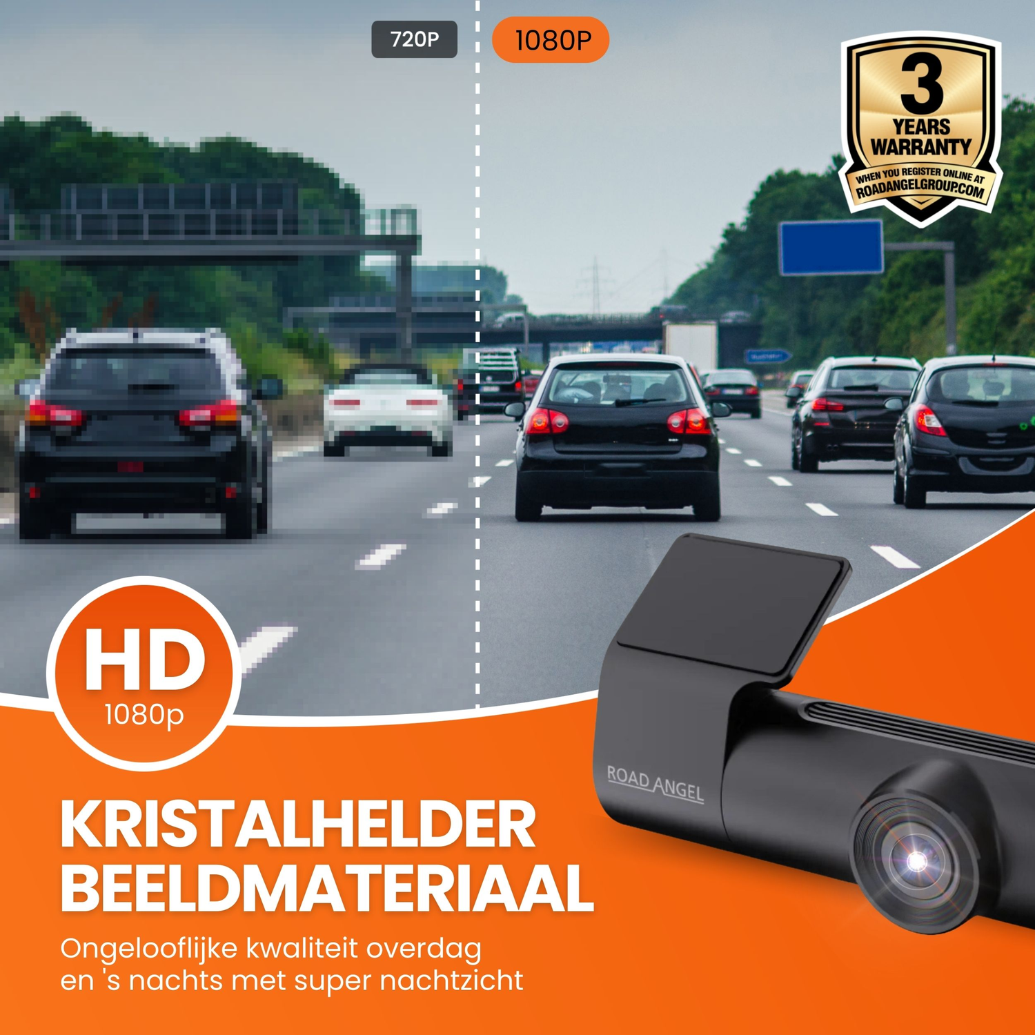 Advertentie voor een dashcam. Auto's op de snelweg. Tekst: HD 1080p, 3 jaar garantie, Road Angel logo.
