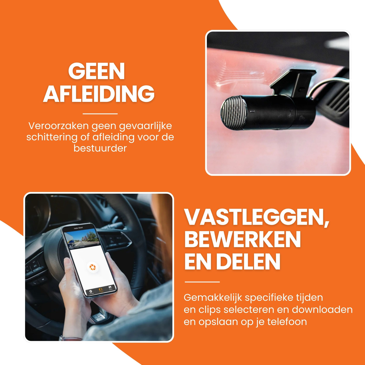 Dashboardcamera met telefoon die een afbeelding weergeeft, Nederlandse tekst: 'Geen afleiding'.