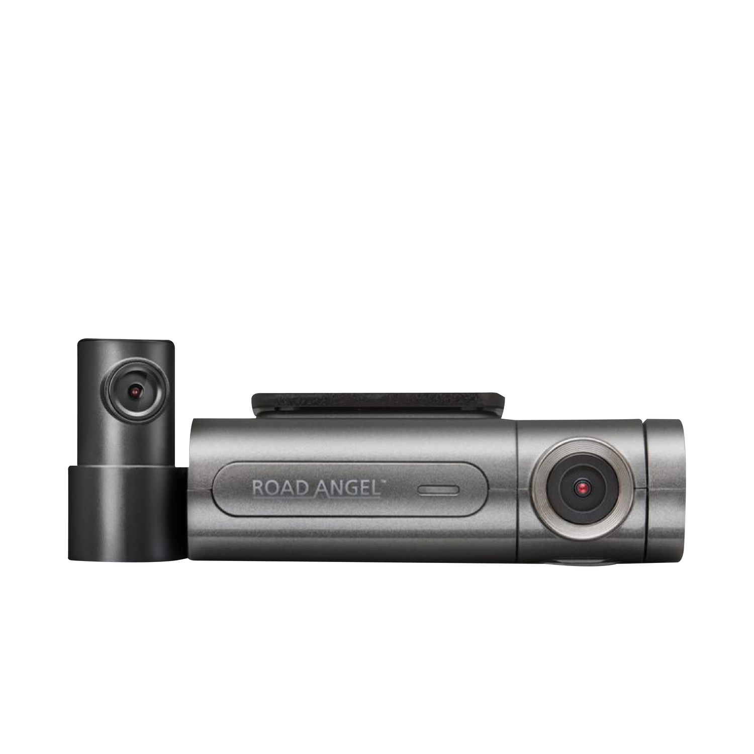 Een zwarte en zilveren ROAD ANGEL dashcam met een aparte cameramodule.