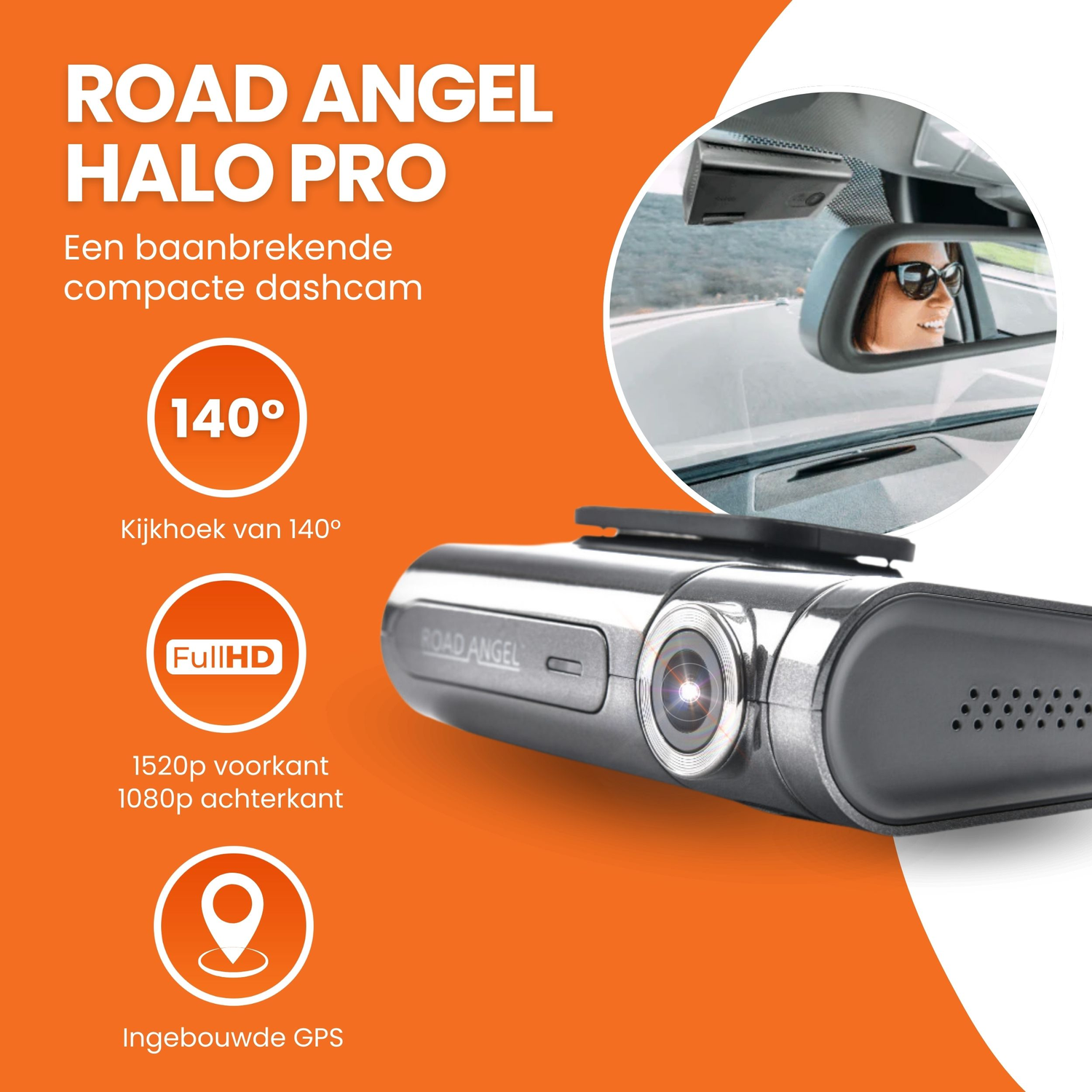 Road Angel Halo Pro dashcam met een weerspiegeling van een vrouw in een autospiegel. Witte achtergrond.
