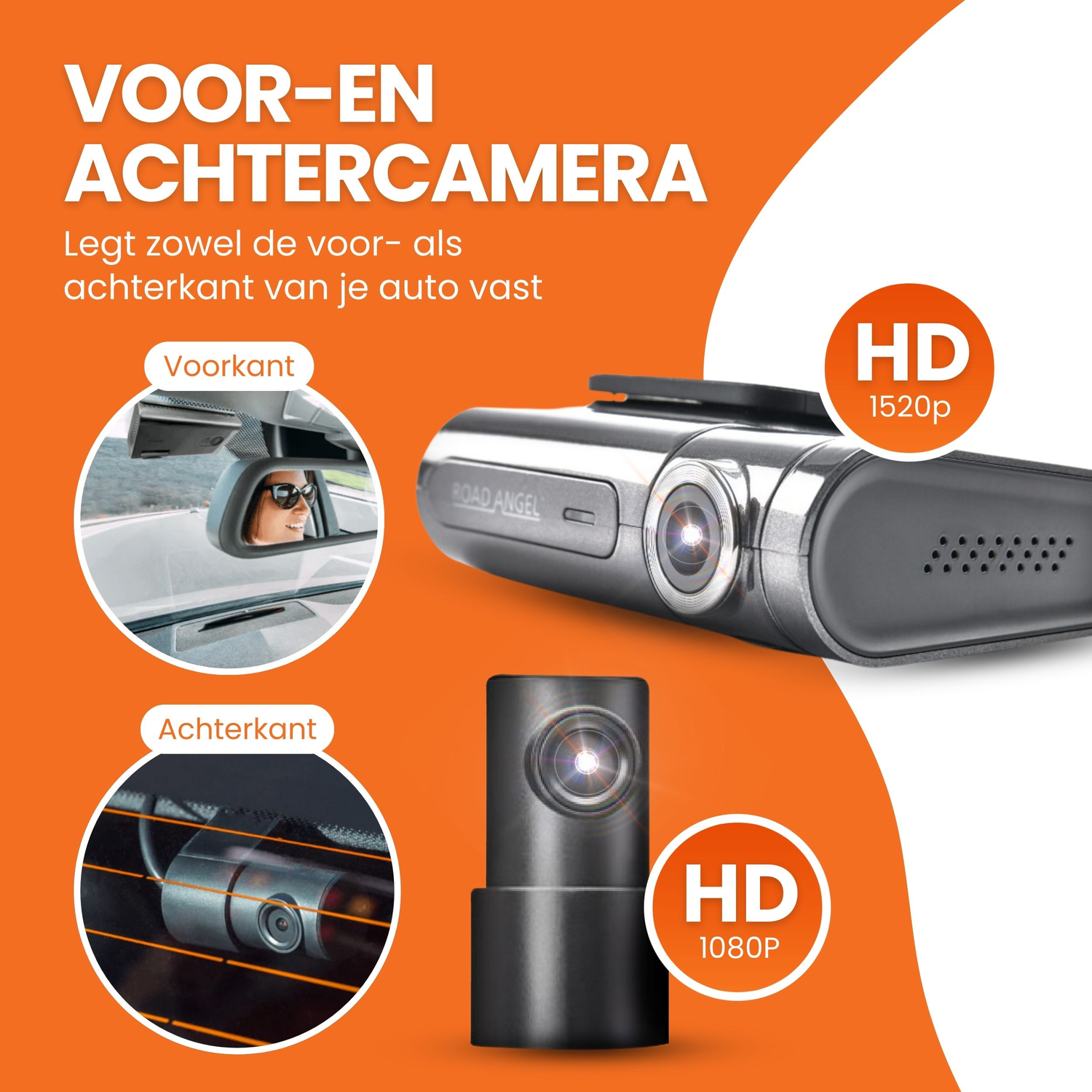 Dashboard camera voor de auto.  Beelden van voor- en achteruitrijcamera's worden getoond.