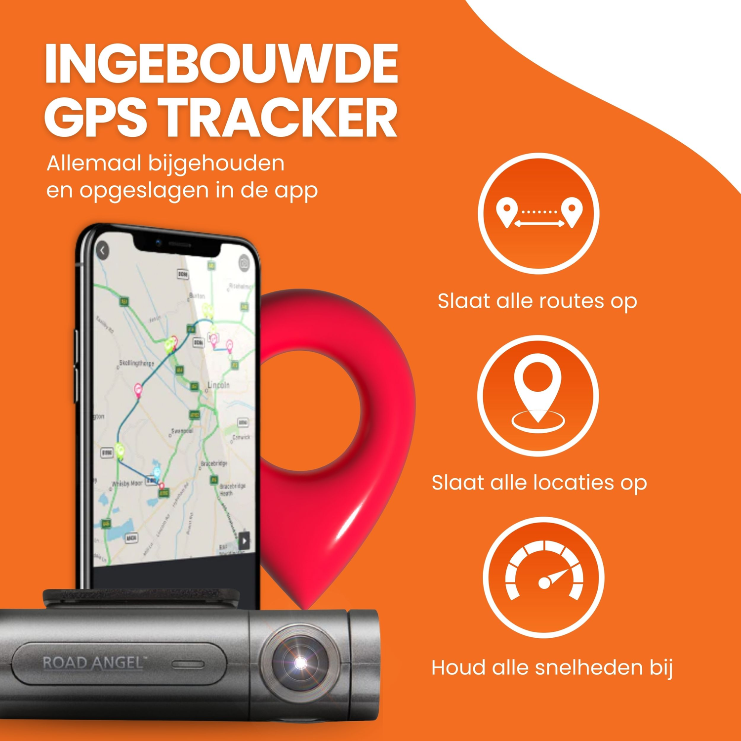 Een telefoon en een GPS-tracker met een kaart en locatie-iconen. De achtergrond is feloranje.