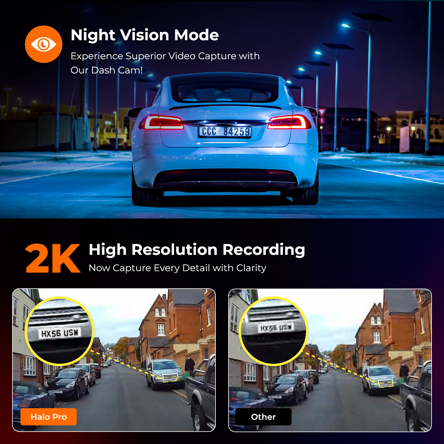Auto 's nachts met dashcam. Hieronder, vergelijking van Halo Pro en Other dashcam weergave.