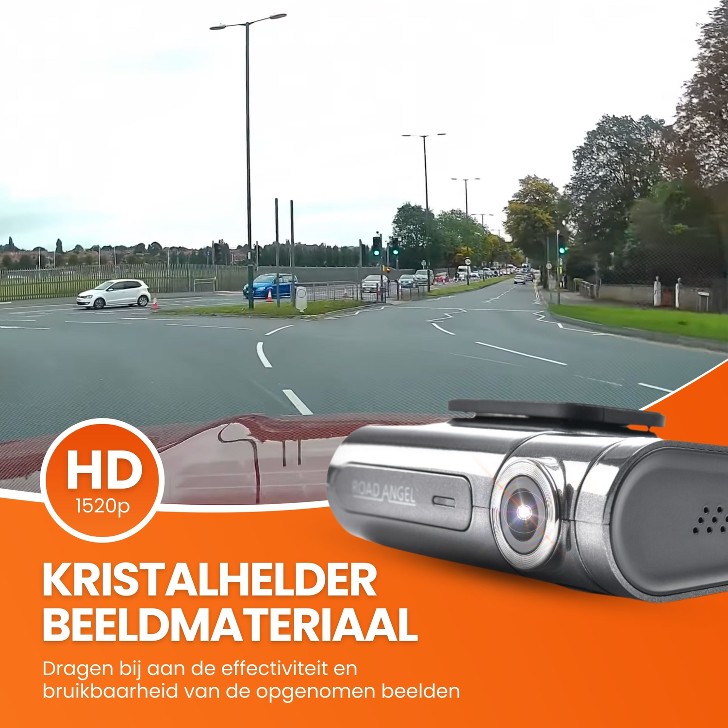 Road Angel dashcam op een autodashboard, met een oranje achtergrond en tekst, buiten.