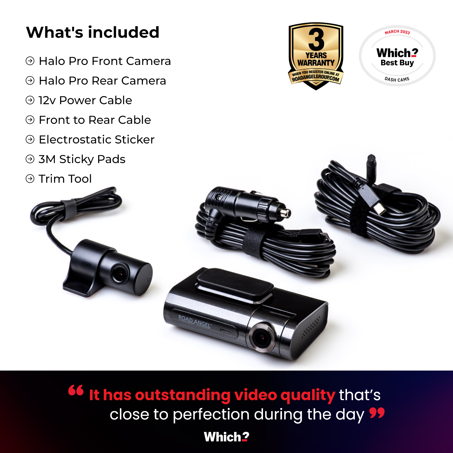 Dashcam kit met voor/achter camera's, kabels en stickers. Tekst: '3 jaar garantie' en 'Which? Best Buy'.