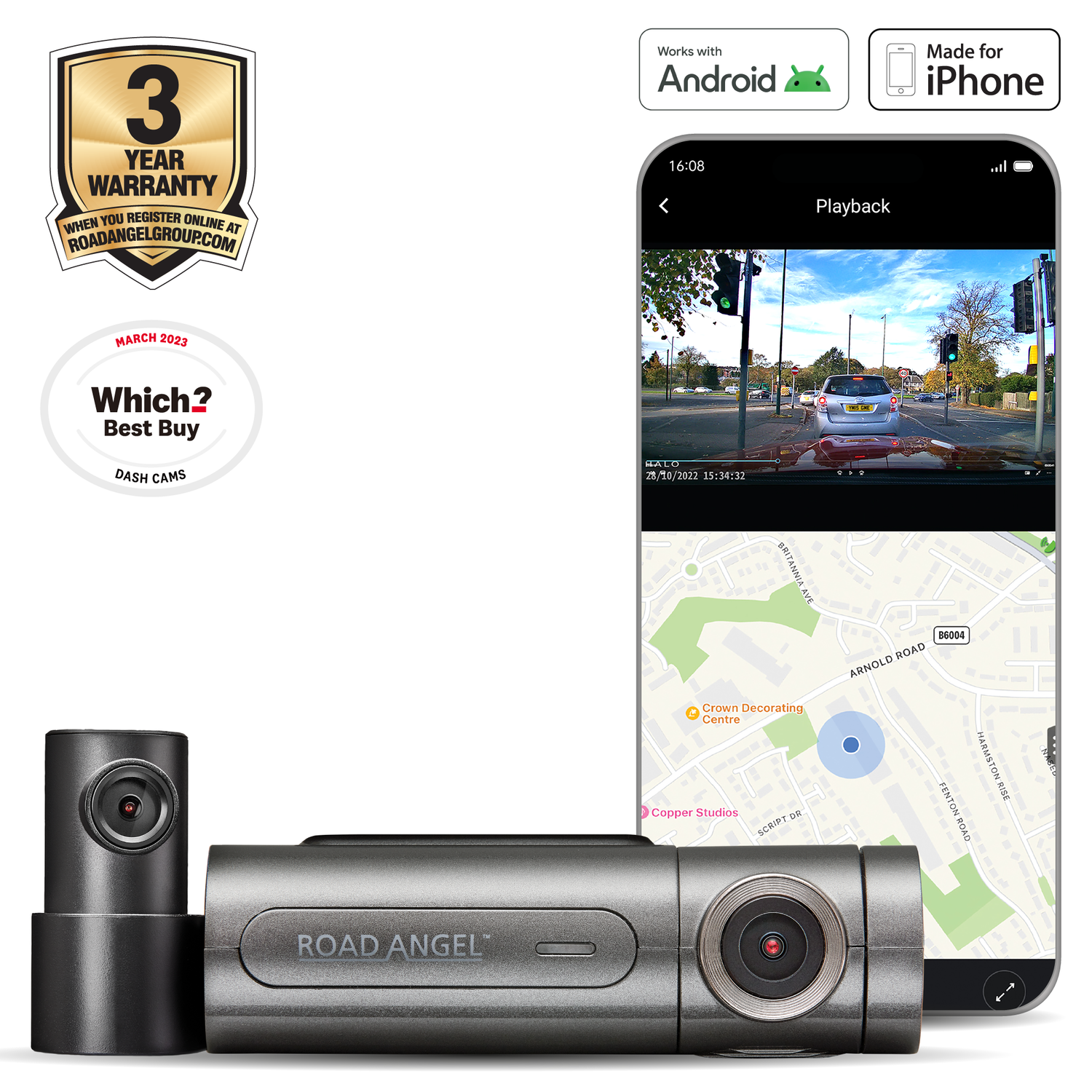 Dashcam-opstelling met een telefoon die een video afspeelt. Bevat ook garantie- en Which? Best Buy-badges.