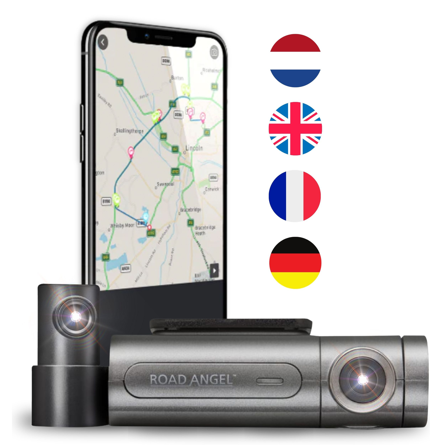 Smartphone met kaart-app en dashcam met vlaggen van Nederland, VK, Frankrijk en Duitsland.