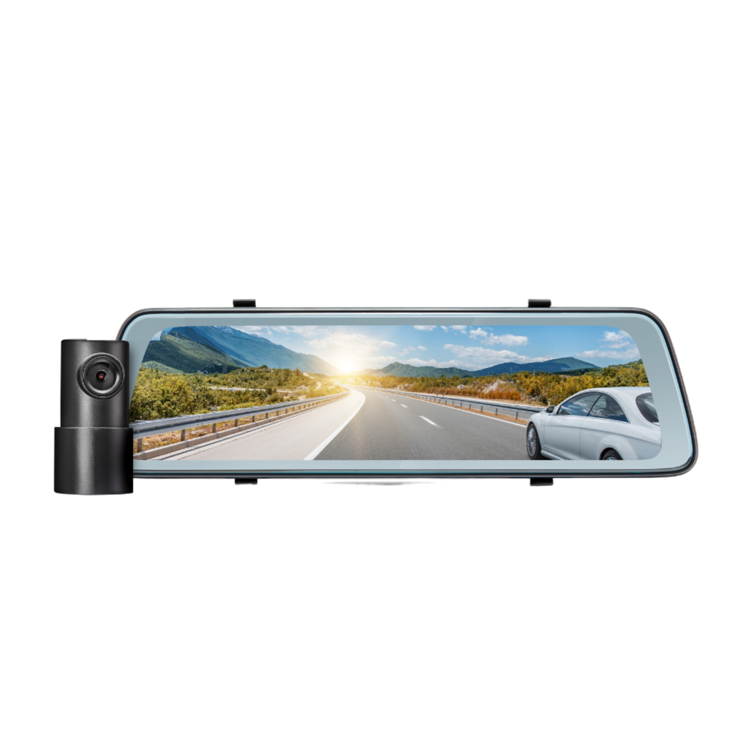 Auto dashcam met wegweergave, witte auto en bergen. Weerspiegeld op een spiegel.