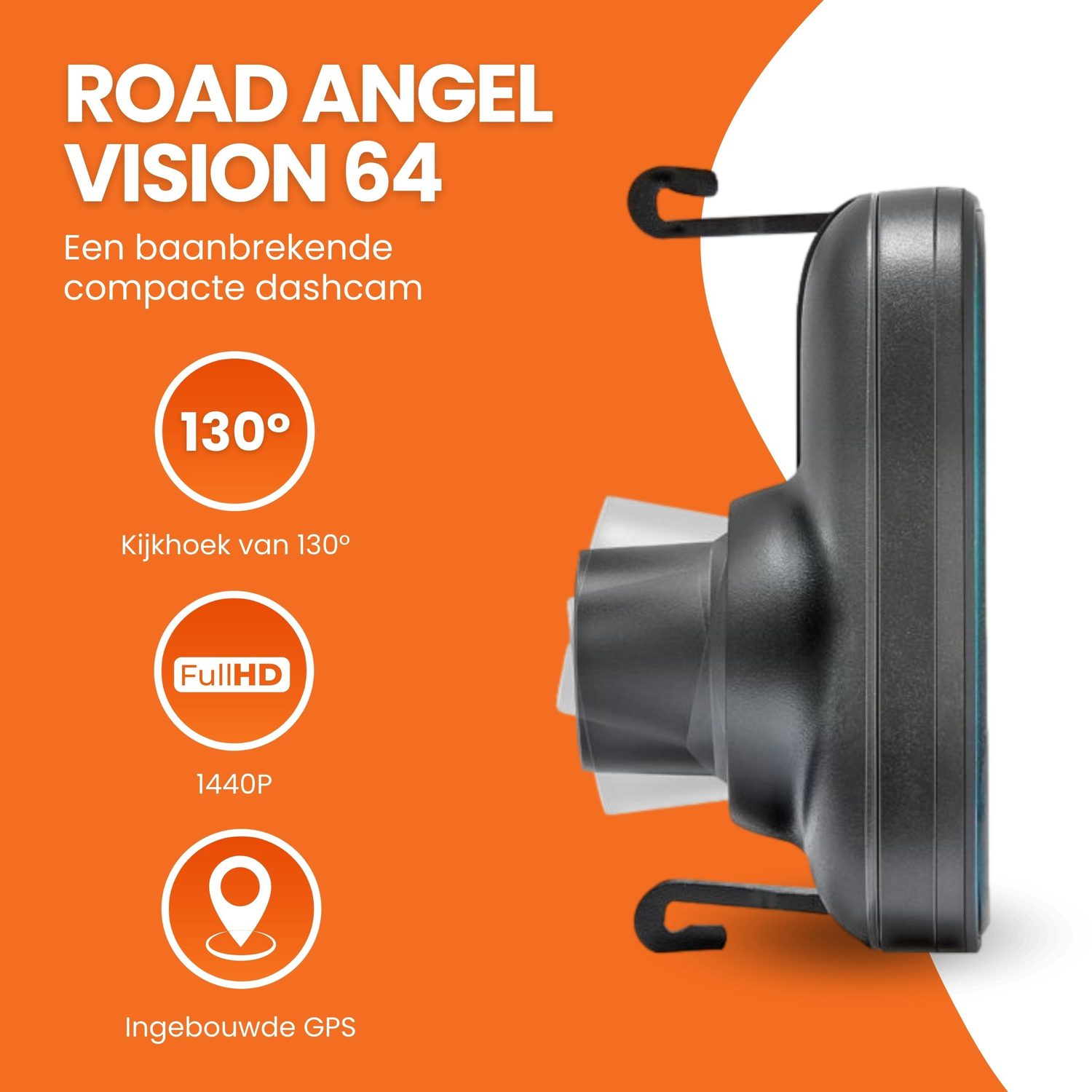 Road Angel Vision 64 dashcam, met functies en GPS, met pictogrammen.
