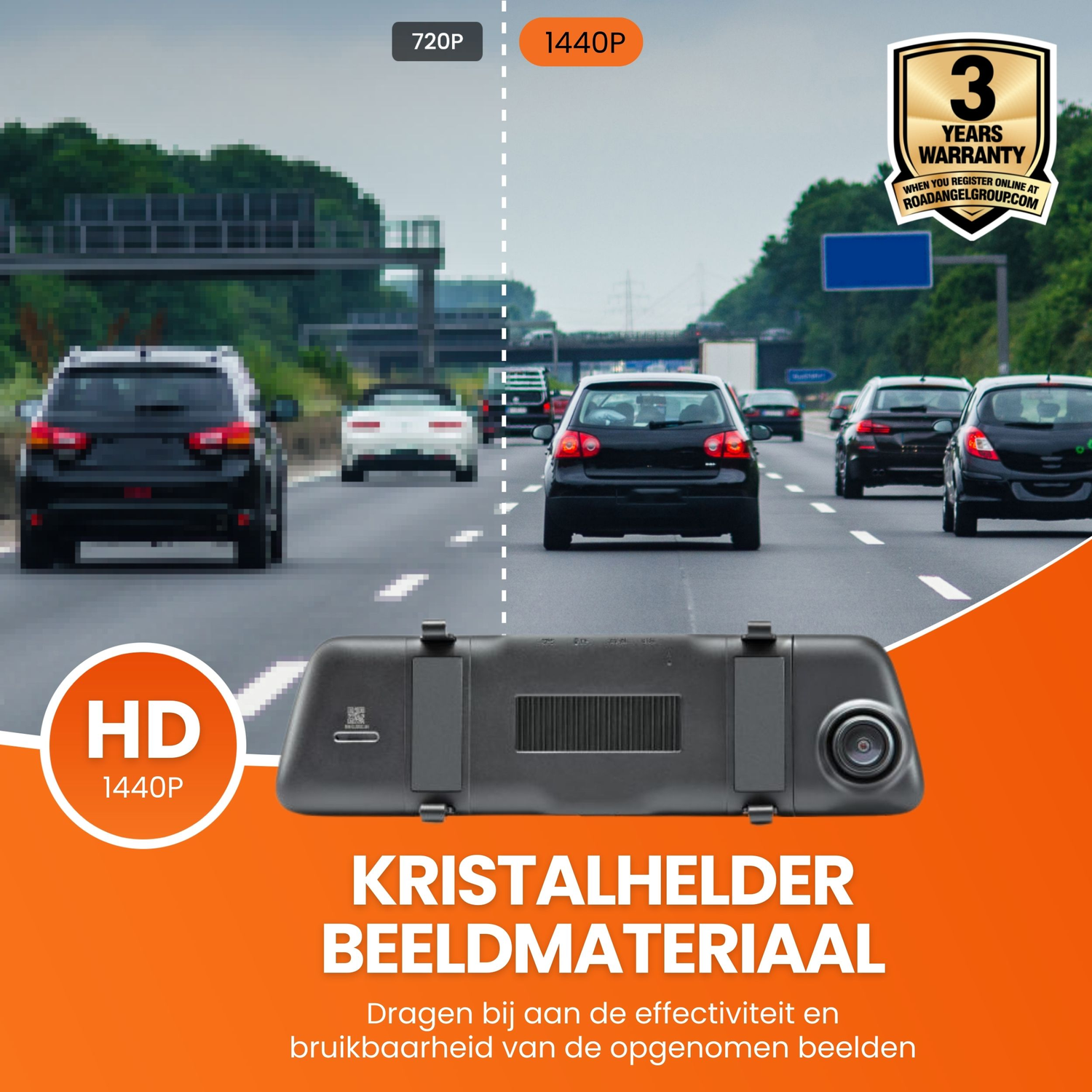 Dashboard camera op een snelweg met auto's. Tekst: HD 1440P, 3 jaar garantie. Tekst in het Nederlands.