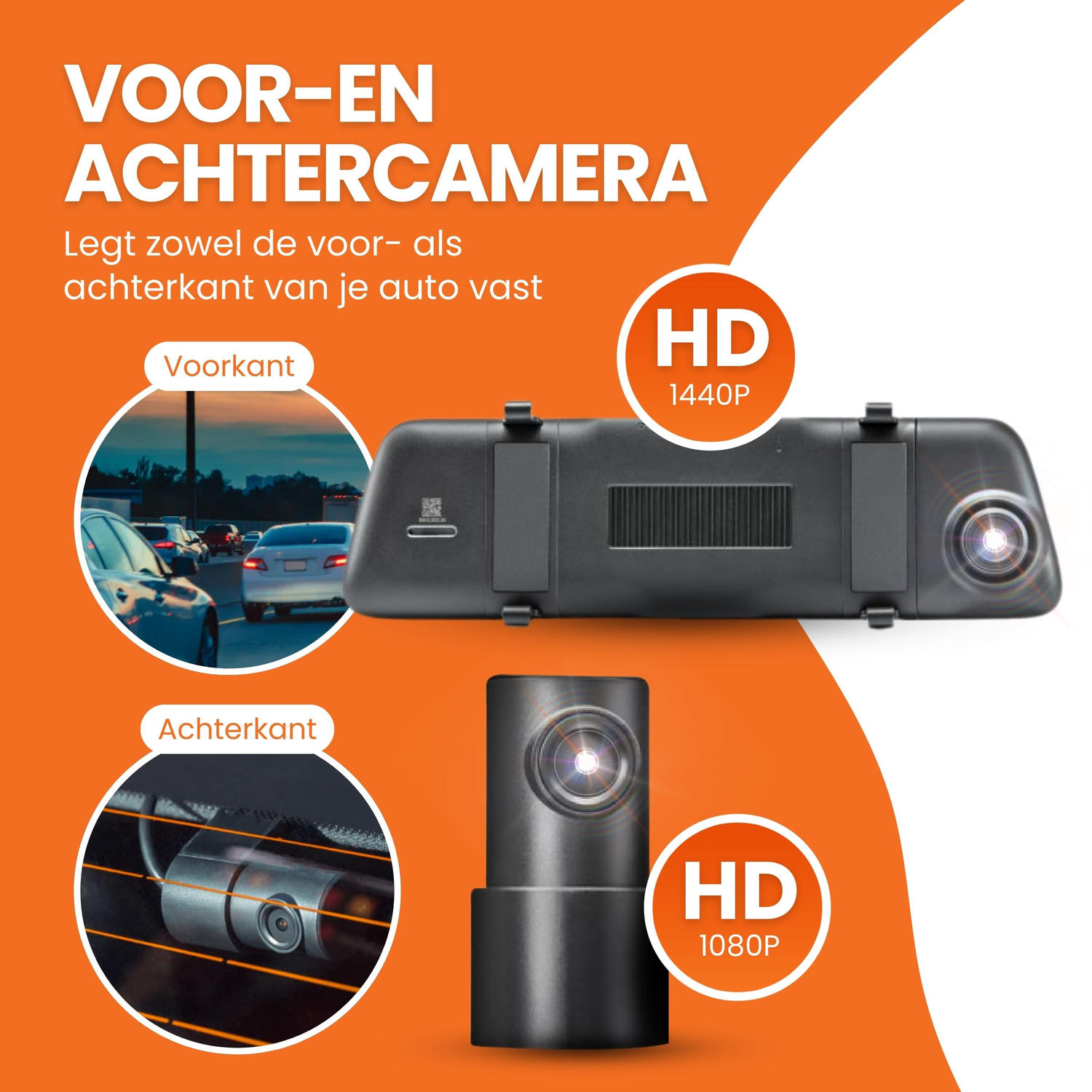 Een auto dashcam-systeem met voor- en achtercamera's. Teksten geven HD 1440P en 1080P aan.