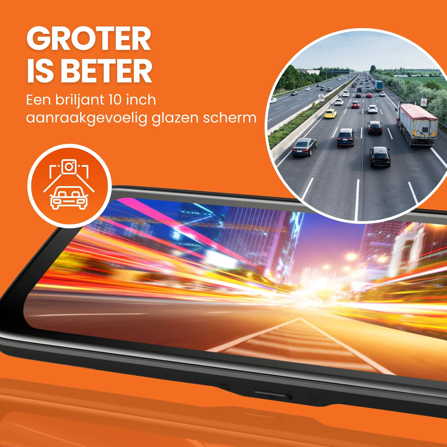 Een autoscherm dat een weg toont. De achtergrond toont een snelweg met auto's.