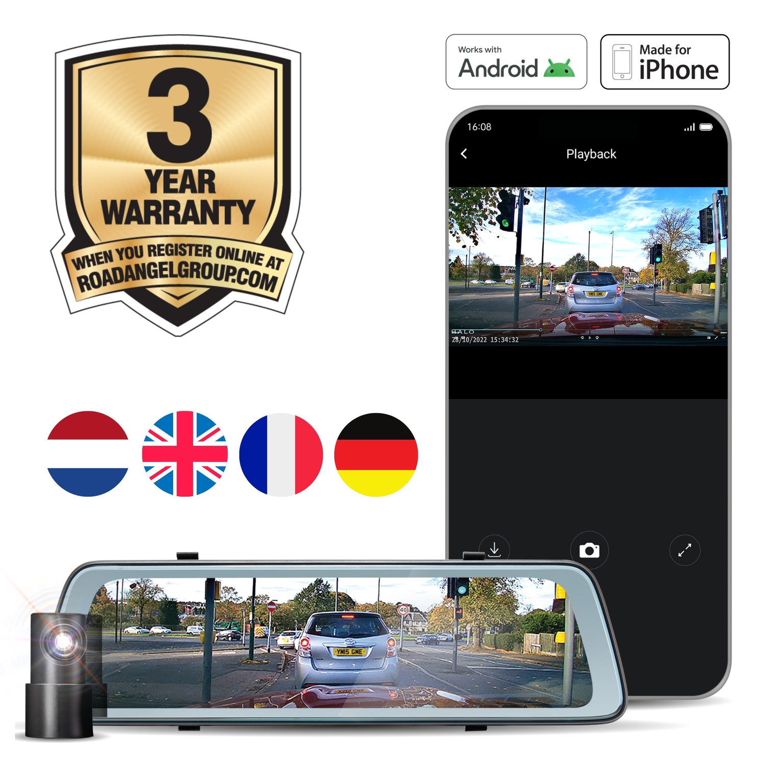 Een auto dashcam setup met een telefoon die een video, een garantiebadge en vlaggen toont.