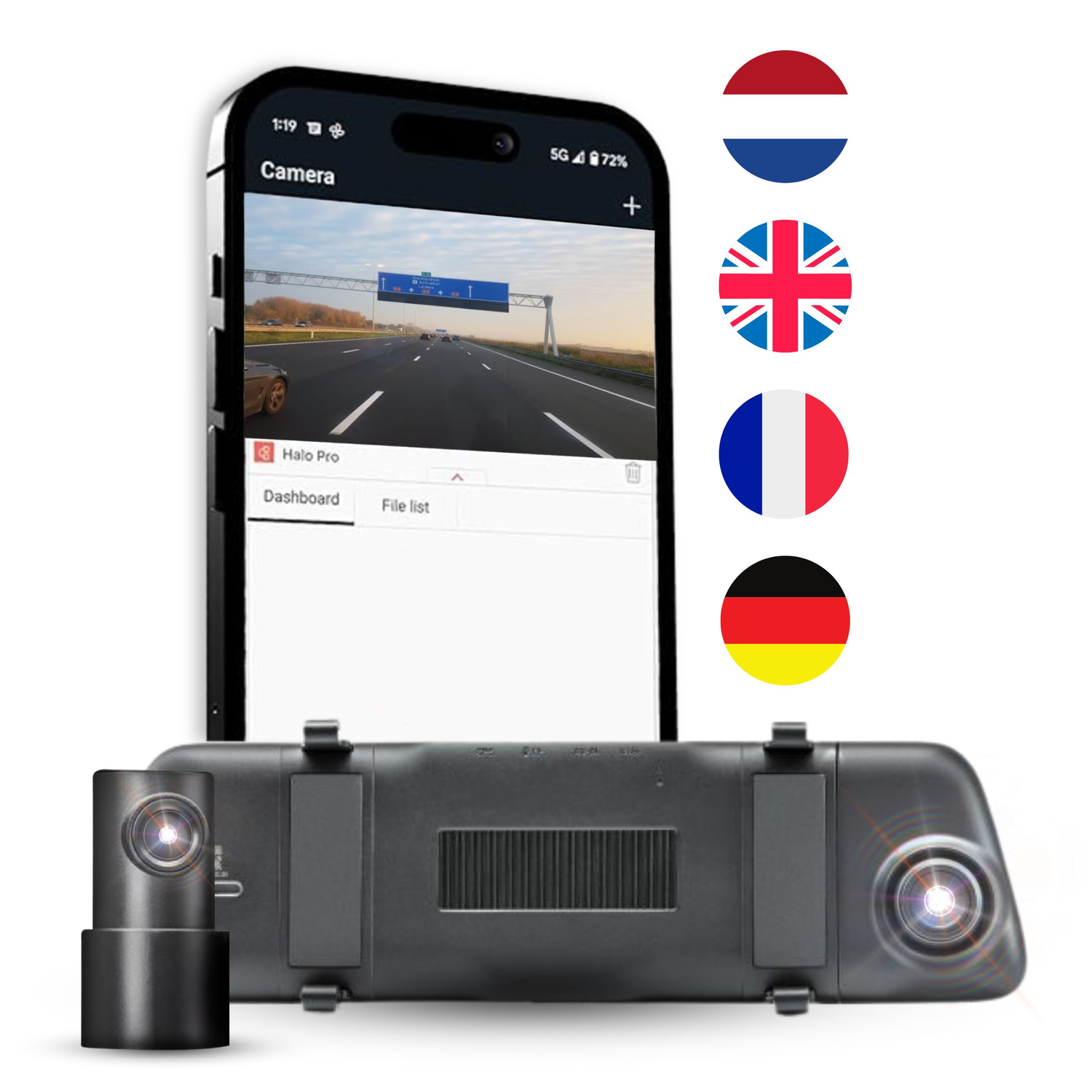 Dashboard camera setup met een telefoon die een wegweergave toont. Vlaggen van Nederland, VK, Frankrijk en Duitsland.