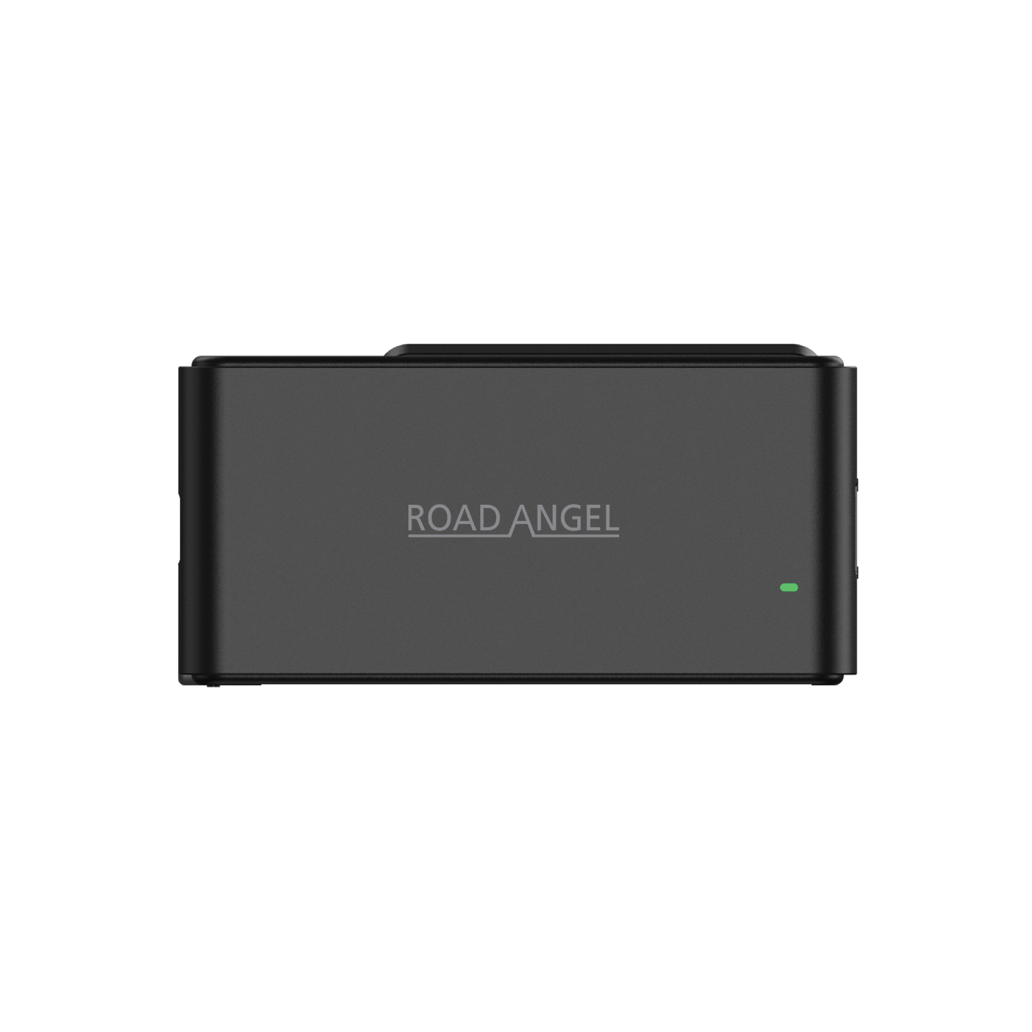 Un appareil rectangulaire gris foncé avec 'ROAD ANGEL' imprimé dessus. Une petite lumière verte est visible sur le côté. Le fond est blanc.